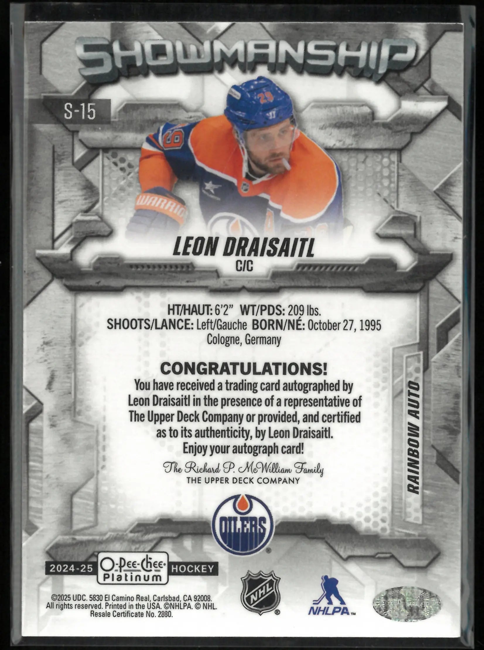 2024/25 O-Pee-Chee Platinum Showmanship Rainbow Autograph Leon Draisaitl Auto 