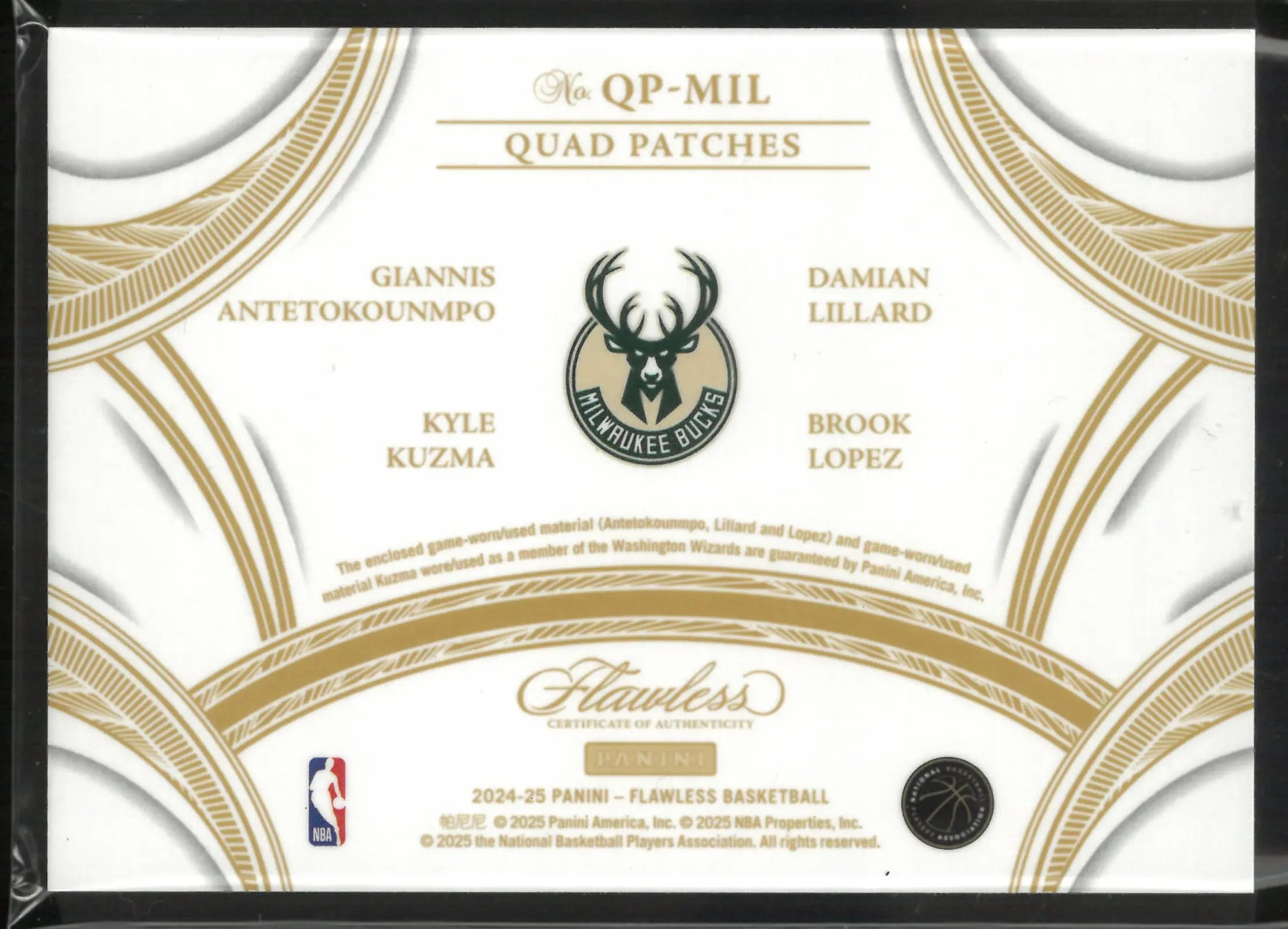 2024-25 Panini Flawless Quad Patches Giannis/Lillard/Kuzma/B.Lopez Red /15 