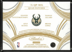 2024-25 Panini Flawless Quad Patches Giannis/Lillard/Kuzma/B.Lopez Red /15 