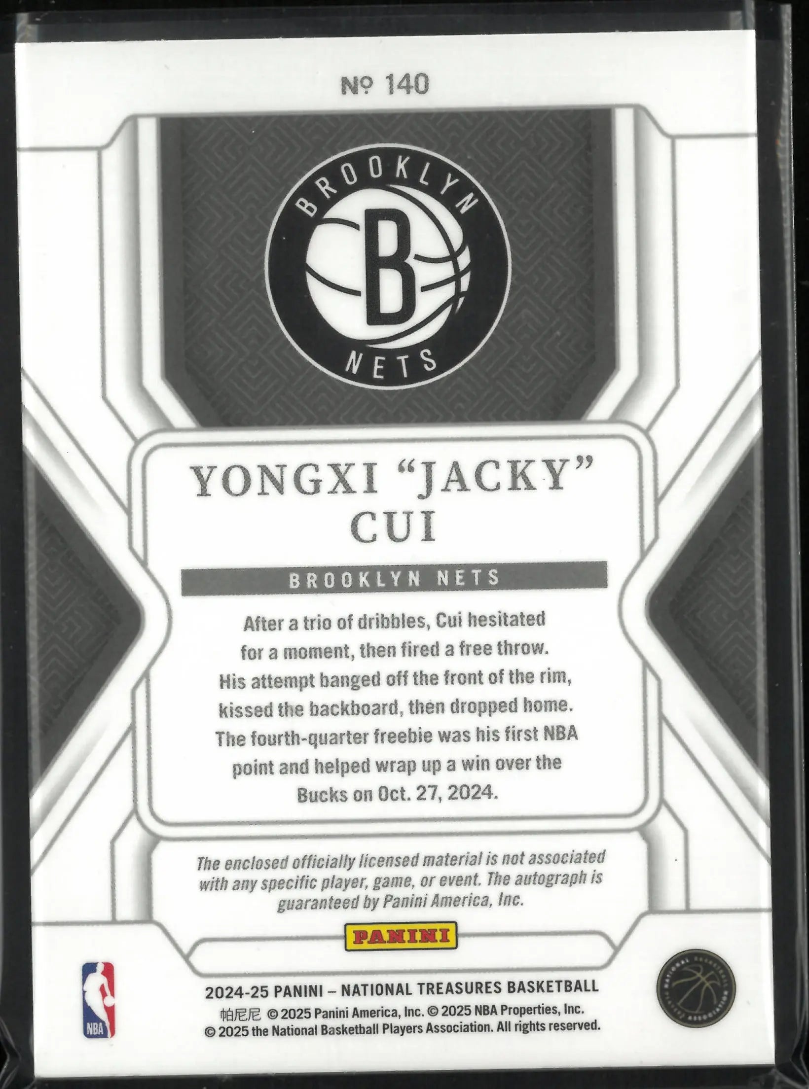 2024-25 Panini National Treasure Rookie Patch Auto Yongxi "Jacky" Cui Auto RC/99 