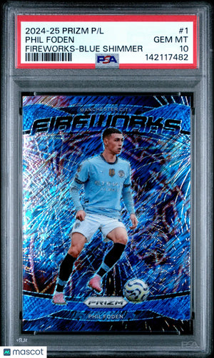2024-25 Panini Prizm Premier League Fireworks Phil Foden  Blue Shimmer PSA 10 /9 