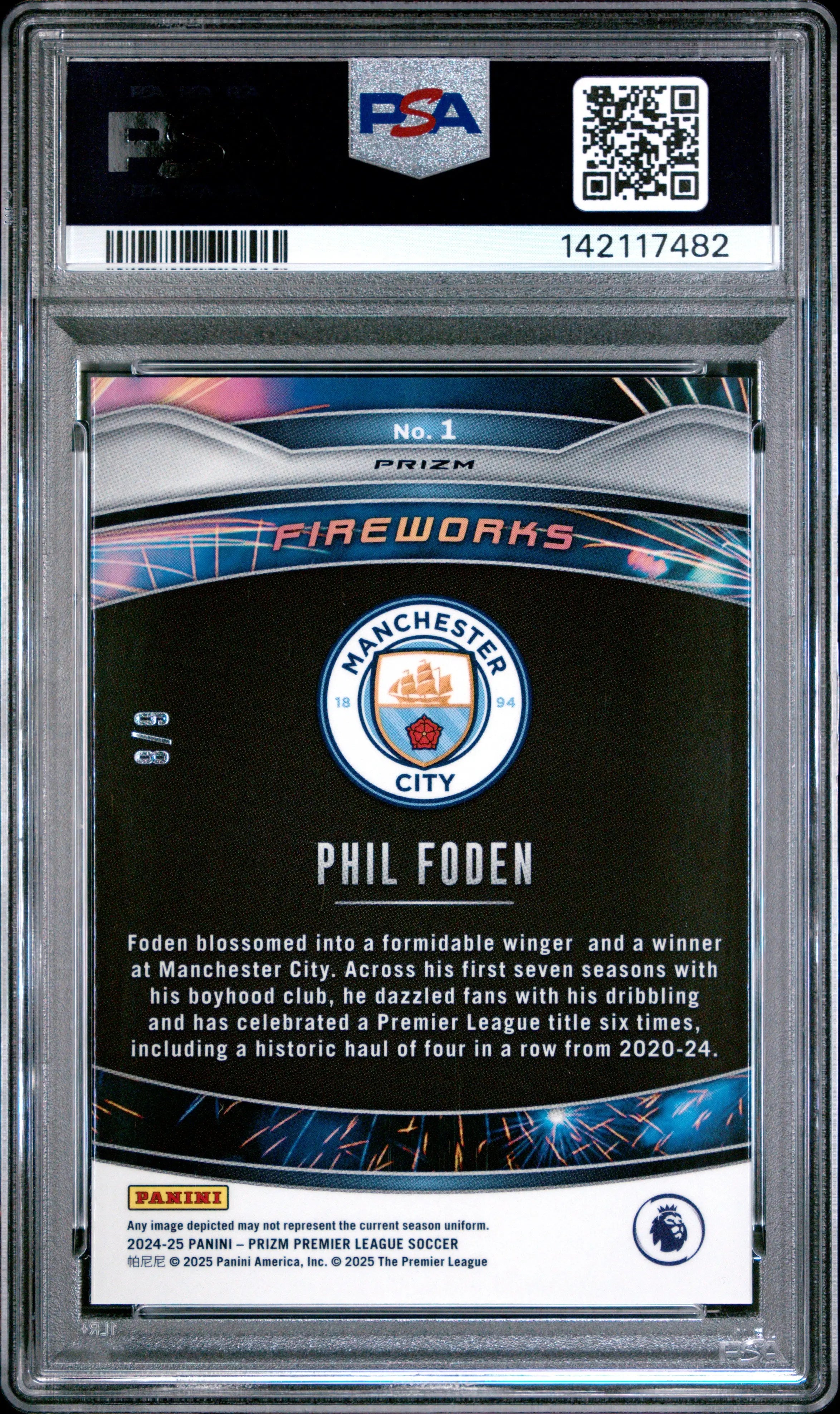 2024-25 Panini Prizm Premier League Fireworks Phil Foden  Blue Shimmer PSA 10 /9 