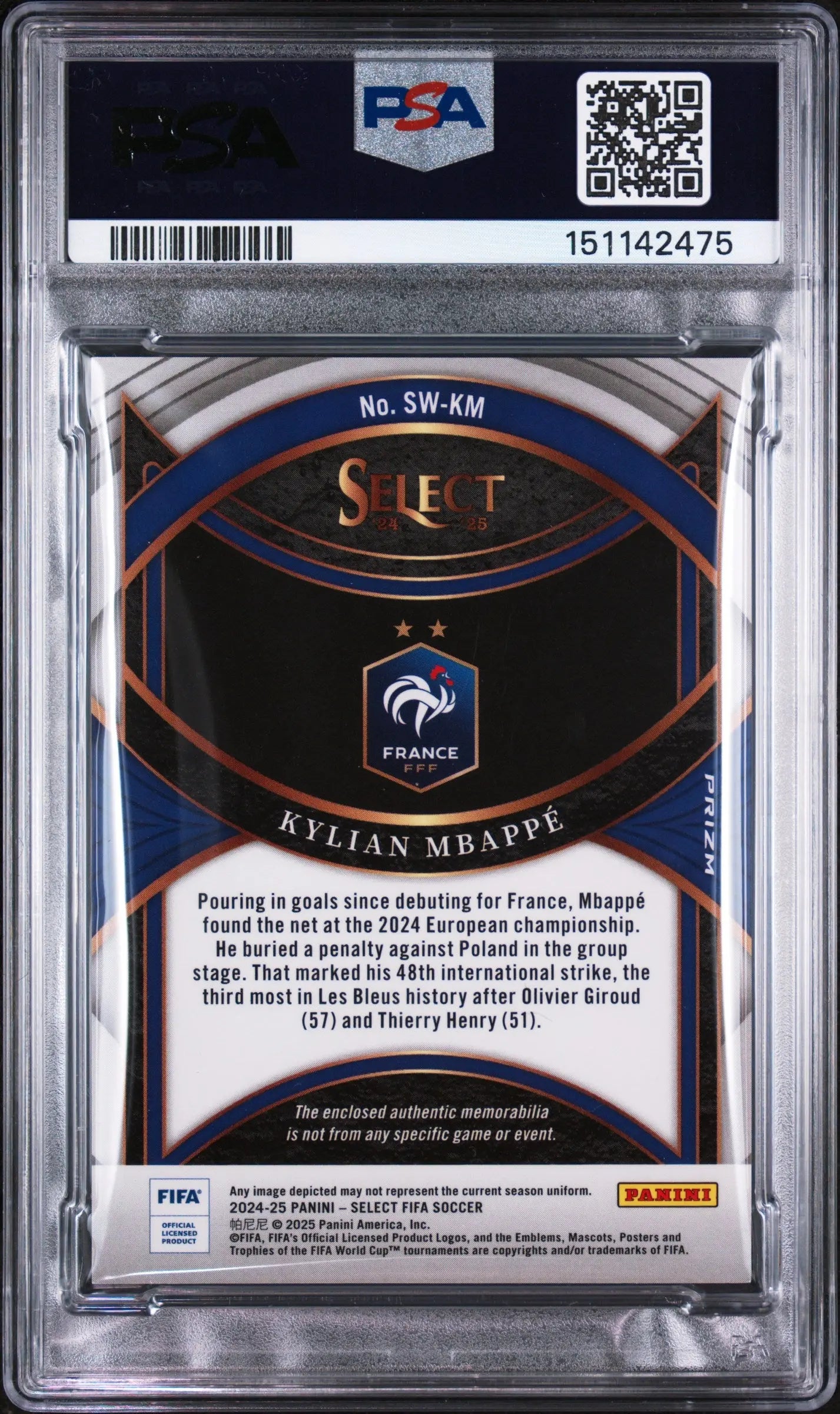 2024-25 Panini Select FIFA Select Swatches Patch Kylian Mbappe PSA 9 
