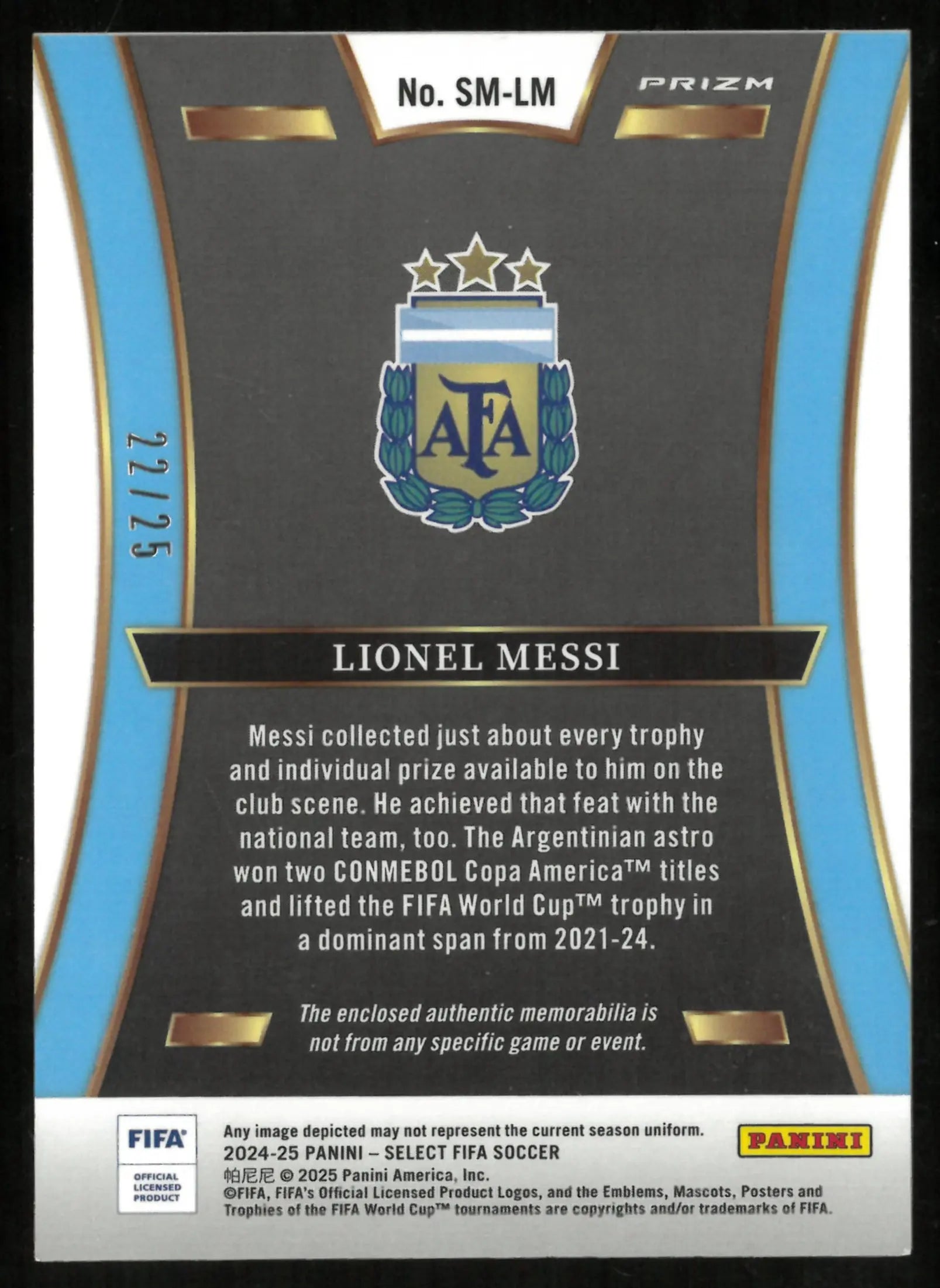 2024-25 Panini Select FIFA Soccer Lionel Messi Tie-Dye Prizm Patch /25 