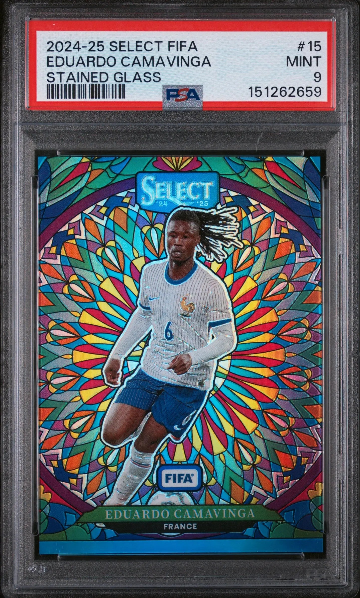2024-25 Panini Select FIFA Stained Glass Eduardo Camavinga PSA 9 