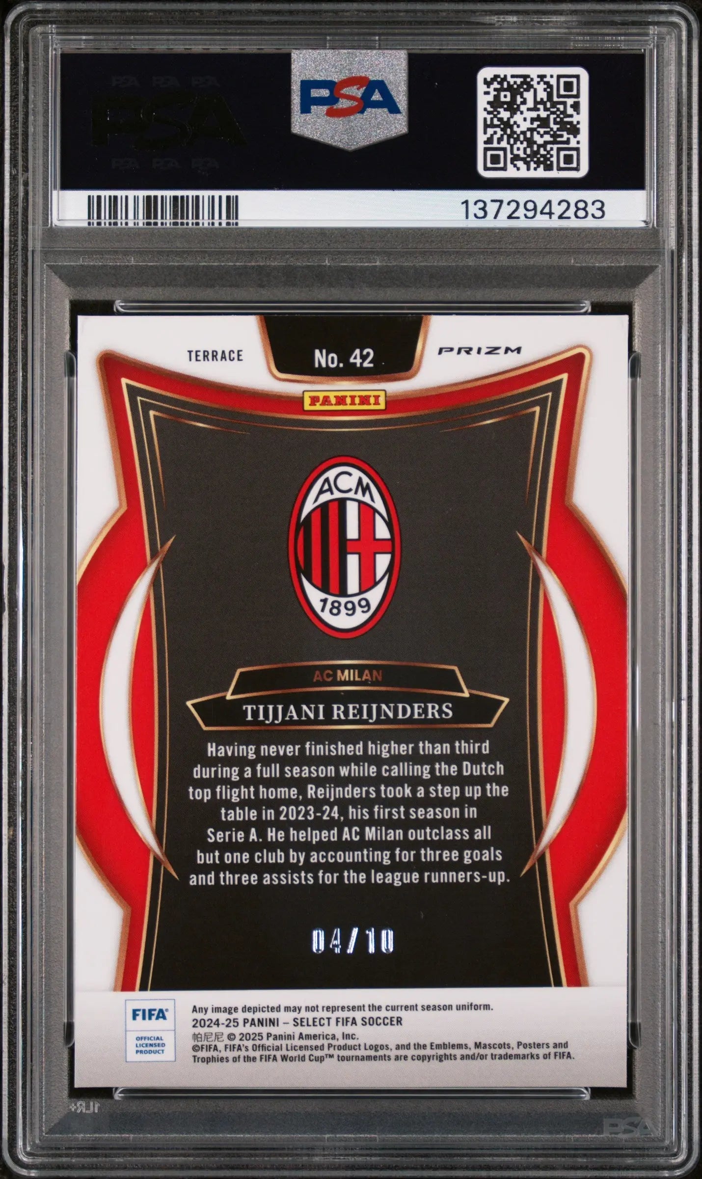 2024-25 Panini Select FIFA Terrace Gold Wave Prizm Tijjani Reijnders #42 PSA 9 