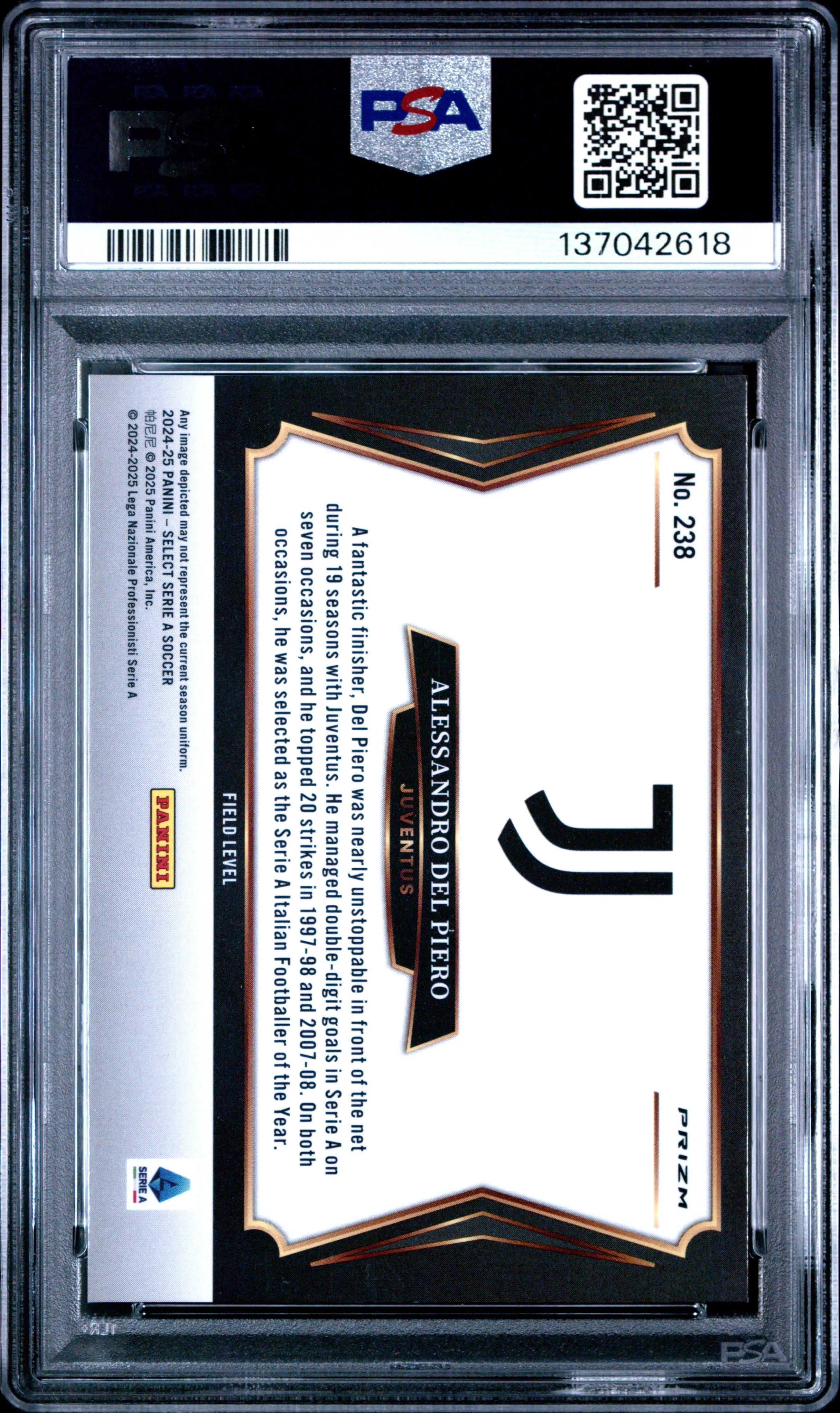 2024-25 Panini Select Serie A Alessandro Del Piero #238 Zebra PSA 10 