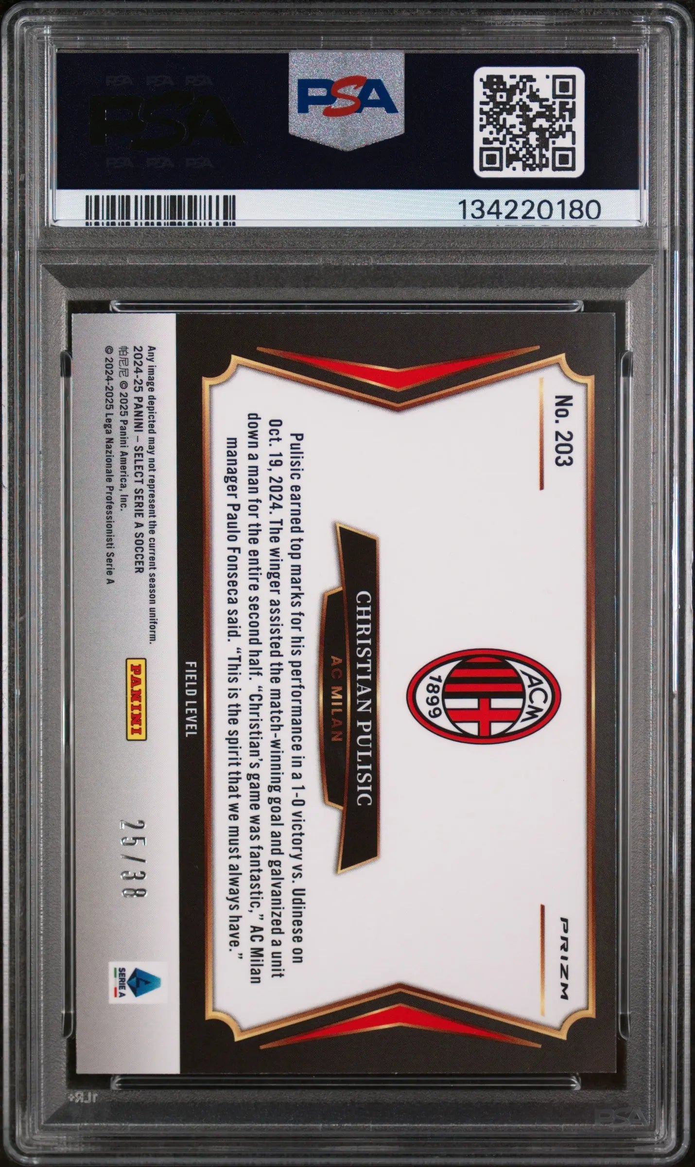 2024-25 Panini Select Serie A Christian Pulisic 203 Red Wave Autograph  PSA 10 