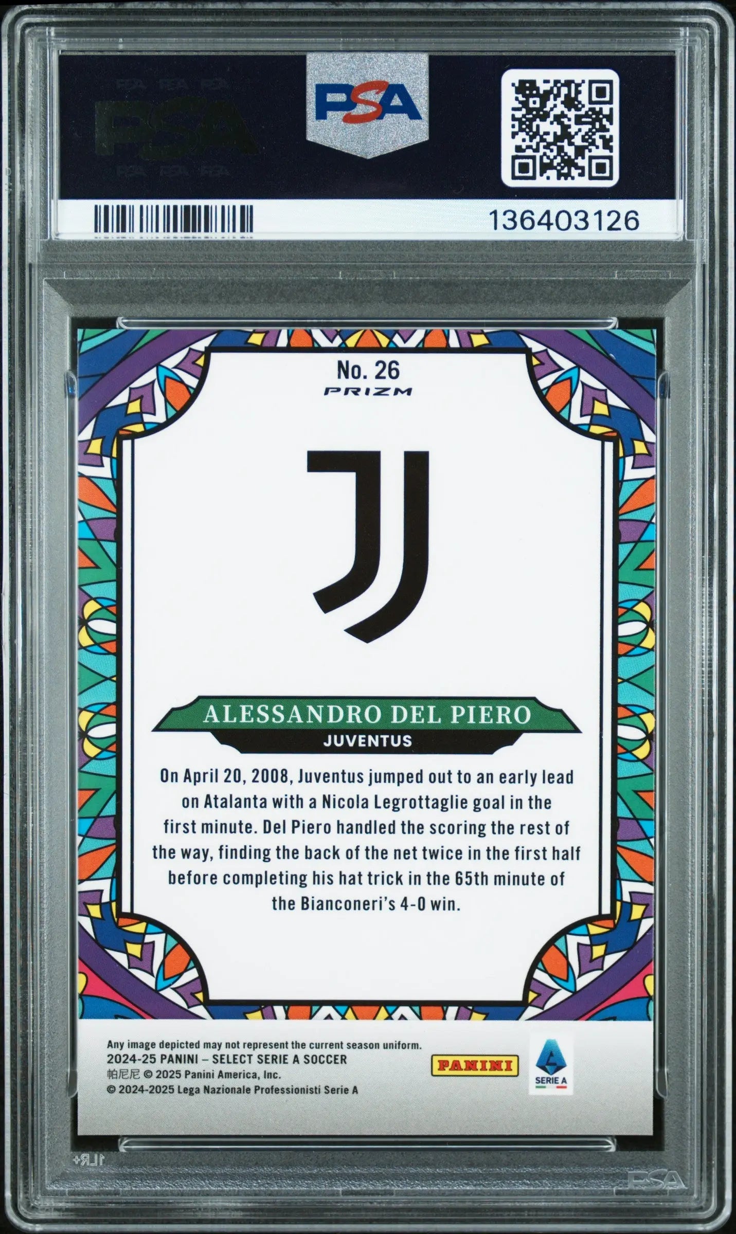 2024-25 Panini Select Serie A Stained Glass Alessandro Del Piero #26 PSA 10 