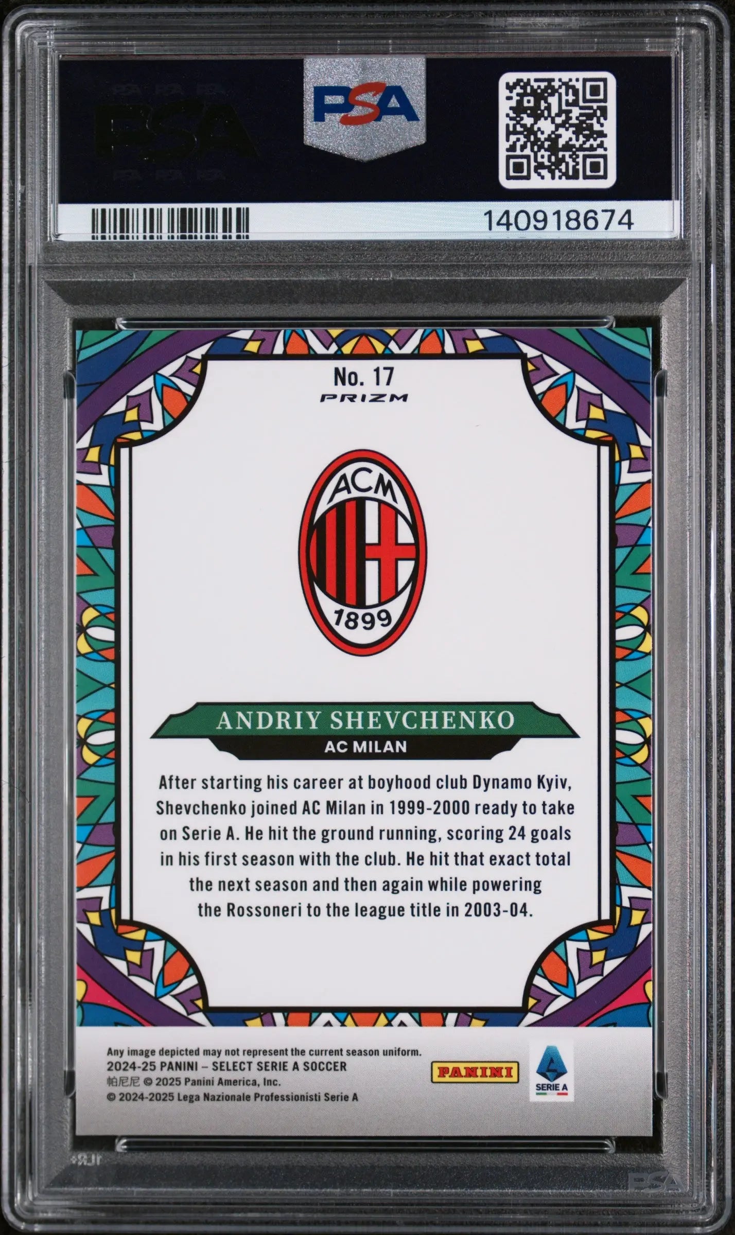 2024-25 Panini Select Serie A Stained Glass Andriy Shevchenko #17 PSA 9 