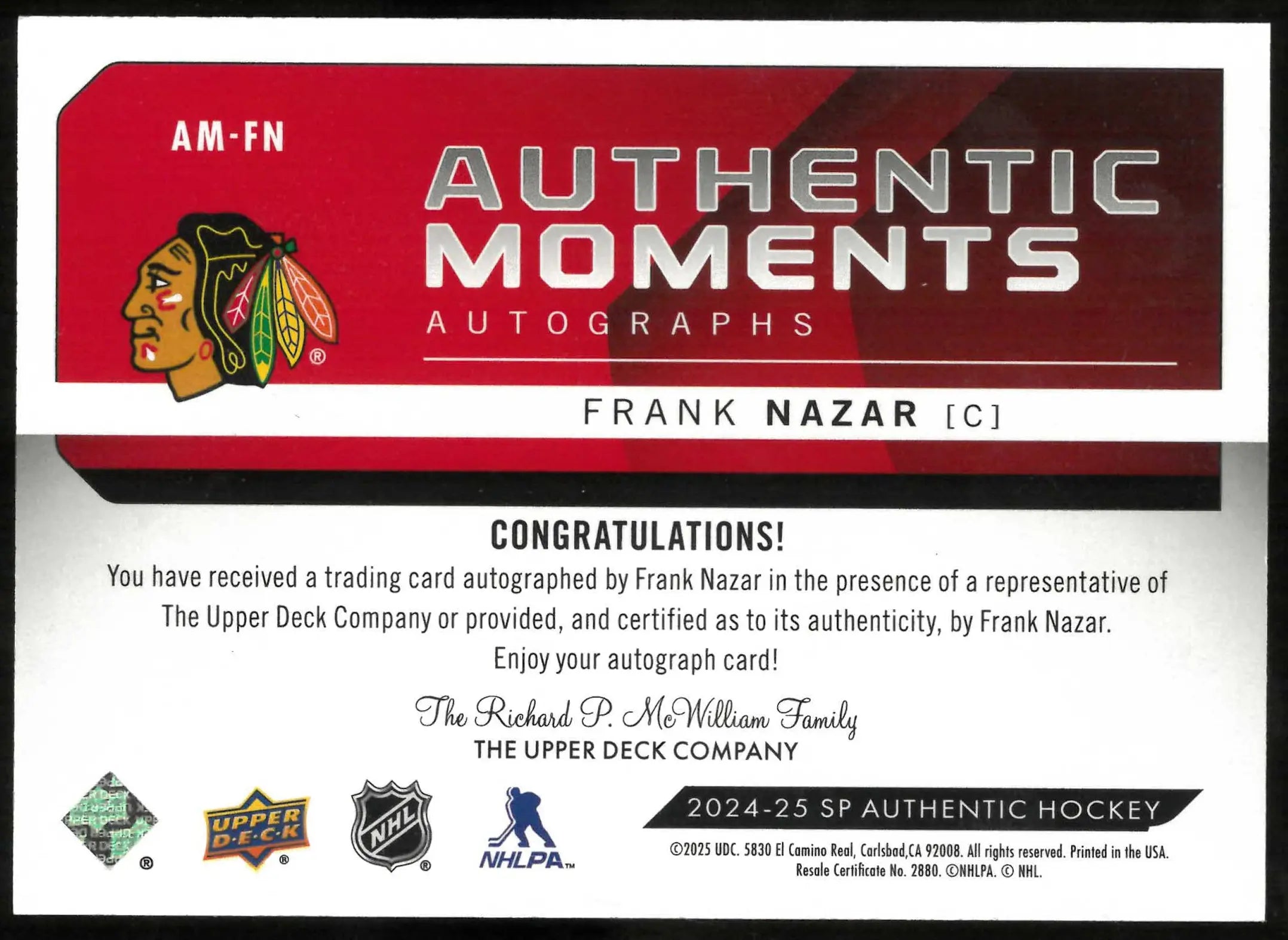 2024-25 SP Authentic #AM-FN Frank Nazar Authentic Moments Auto 