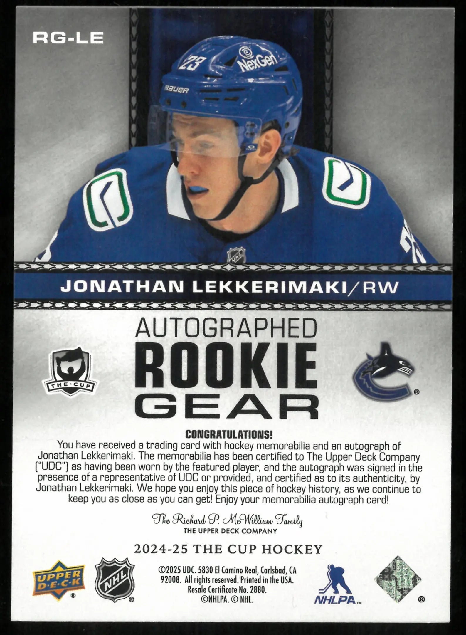 2024-25 The Cup Hockey Autographed Rookie Gear Jonathan Lekkerimaki /24 