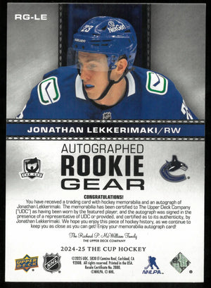 2024-25 The Cup Hockey Autographed Rookie Gear Jonathan Lekkerimaki /24 