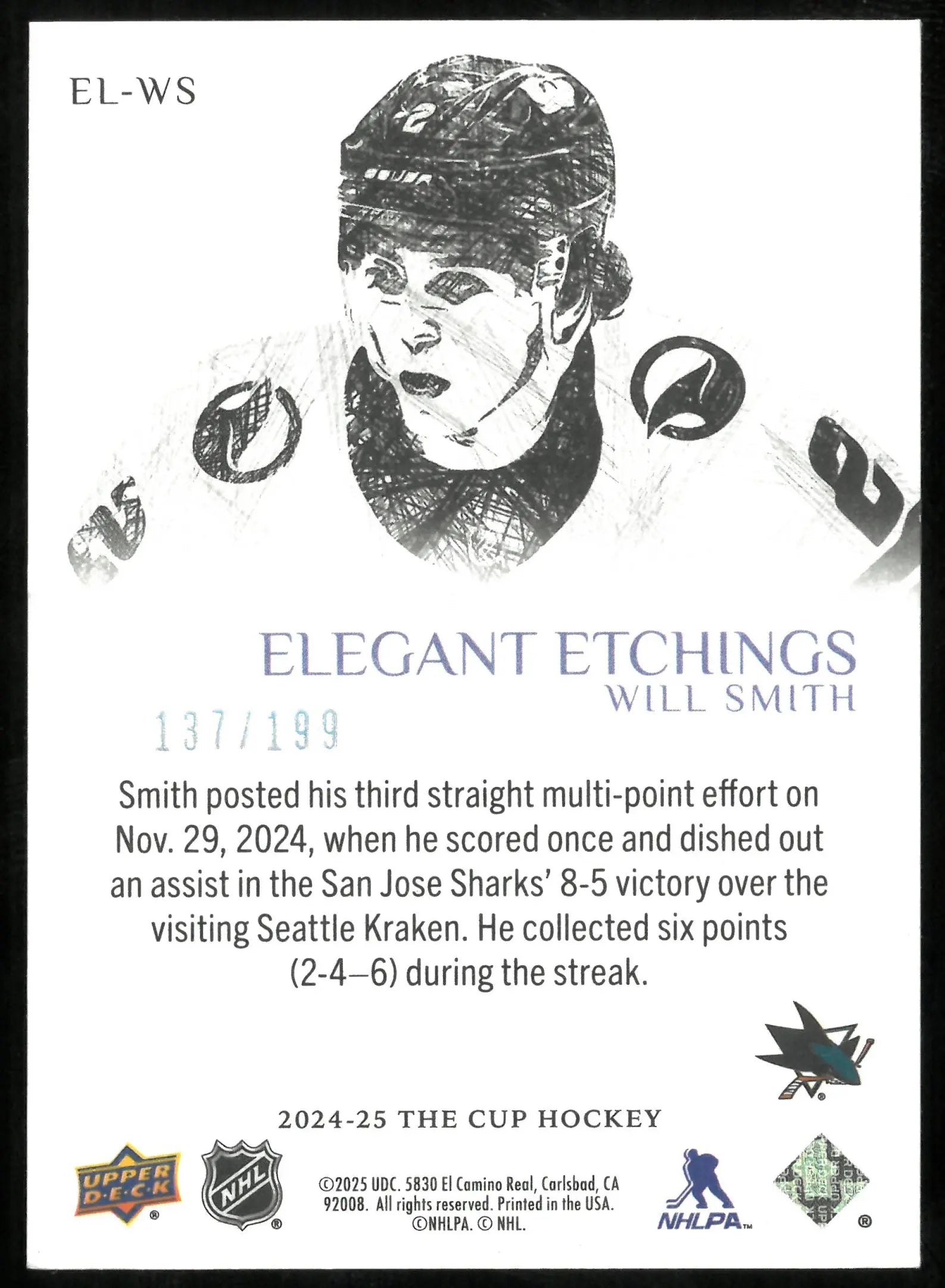 2024-25 The Cup Hockey Elegant Etchings Will Smith /199 