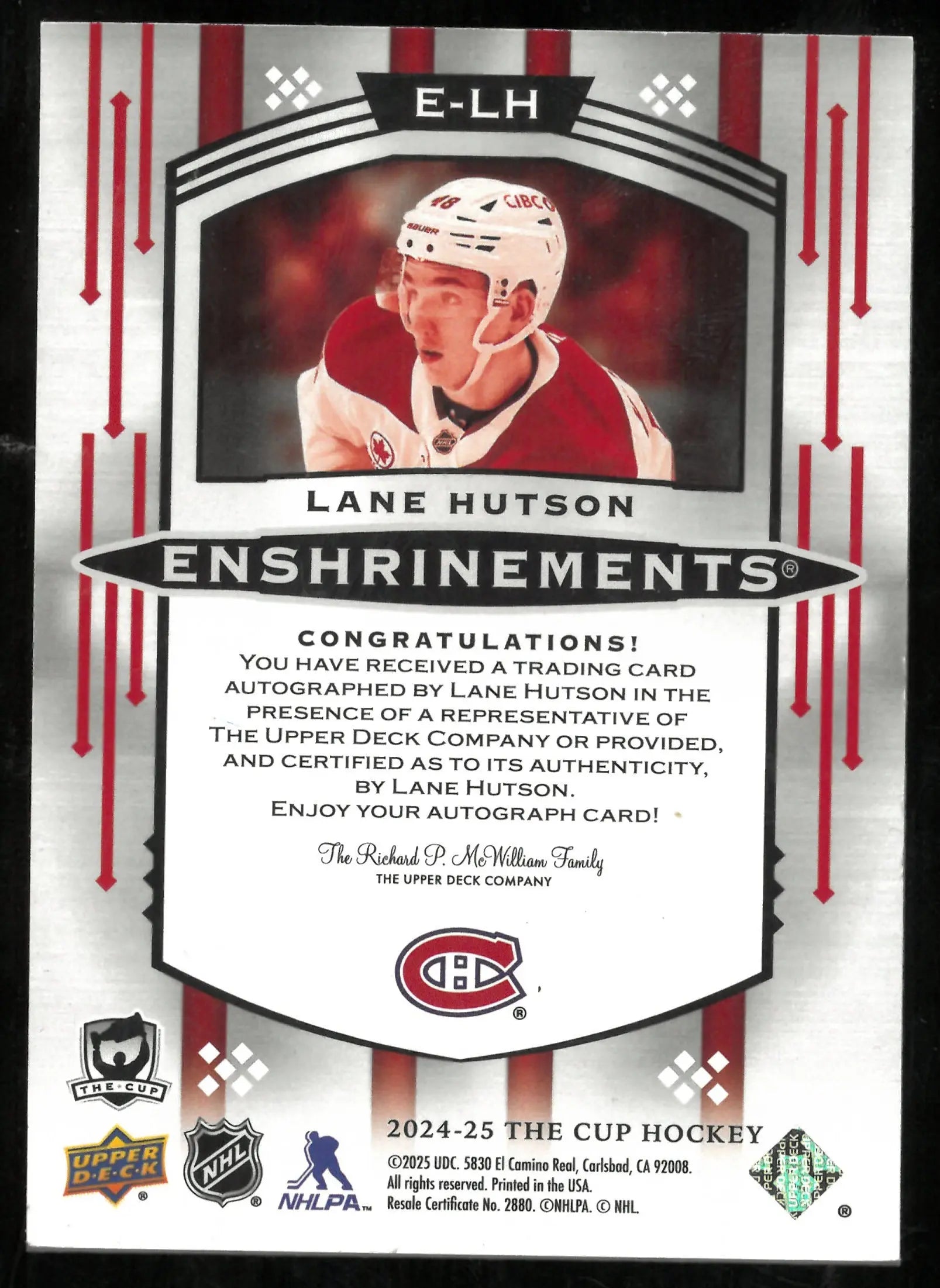 2024-25 The Cup Hockey Enshrinements Auto Lane Hutson /99 