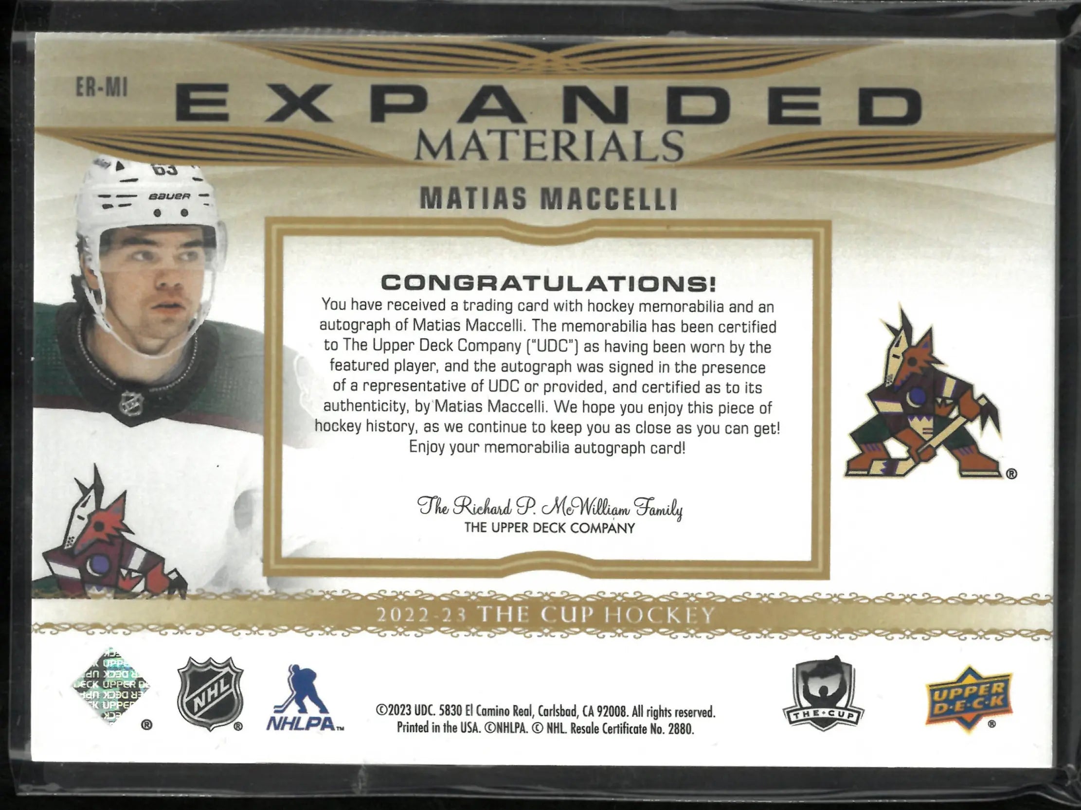 2024-25 The Cup Hockey Expanded Materials Patch Auto Matias Maccelli 