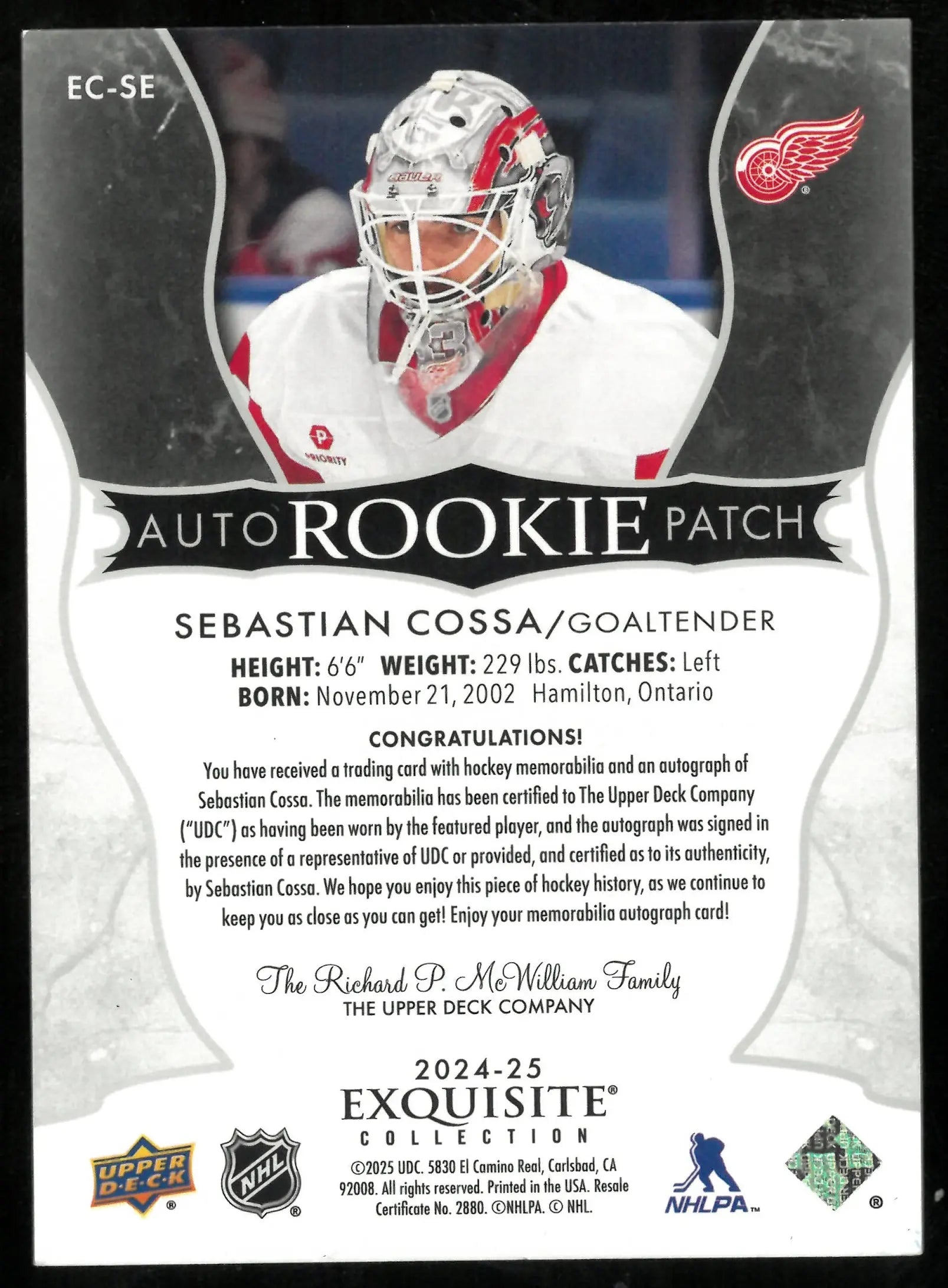2024-25 The Cup Hockey Exquisite Collection Auto Rookie Patch Sebastian Cossa /33 