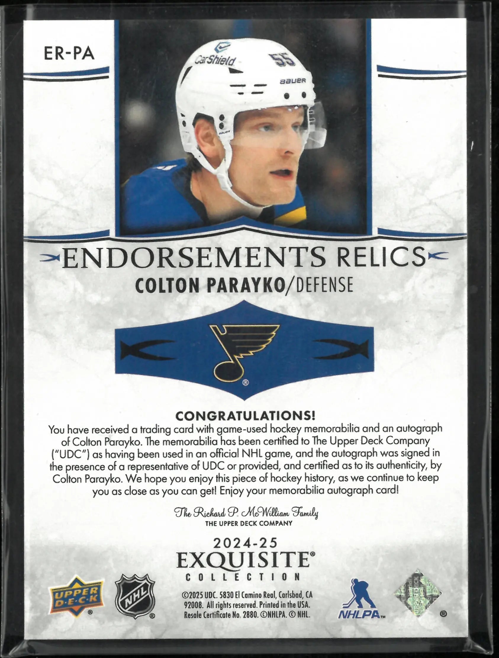 2024-25 The Cup Hockey Exquisite Collection Endorsements Patch Auto Colton Parayko /50 