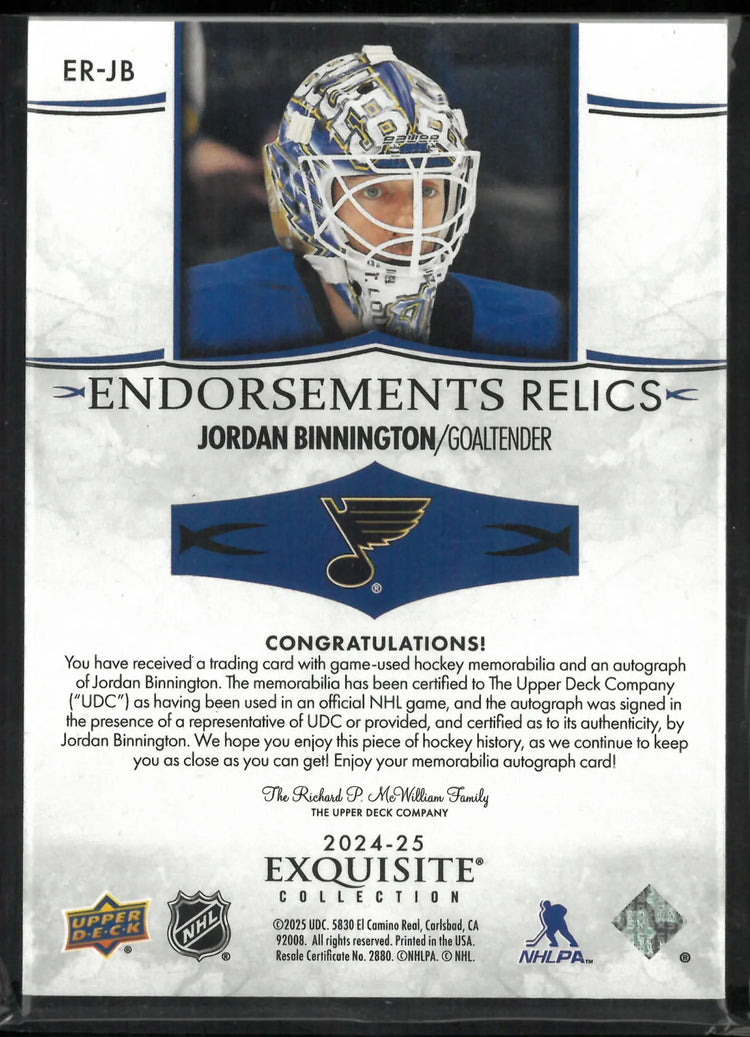 2024-25 The Cup Hockey Exquisite Collection Endorsements Patch Auto Jordan Binnington /50 