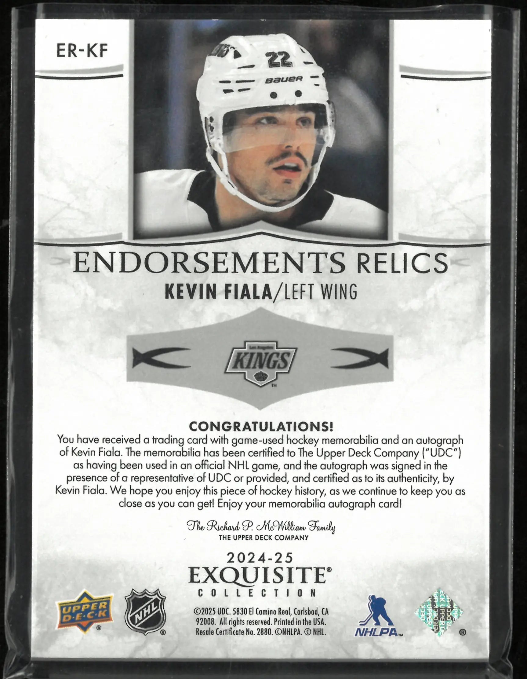 2024-25 The Cup Hockey Exquisite Collection Endorsements Patch Auto Kevin Fiala /50 