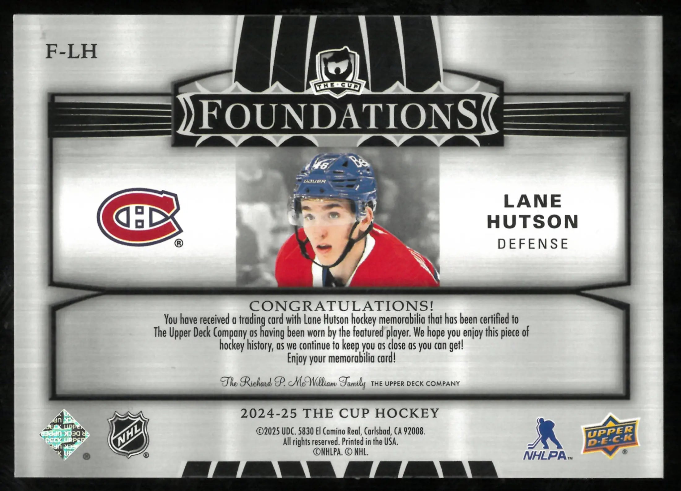 2024-25 The Cup Hockey Foundation Quad Patch Lane Hutson /99 