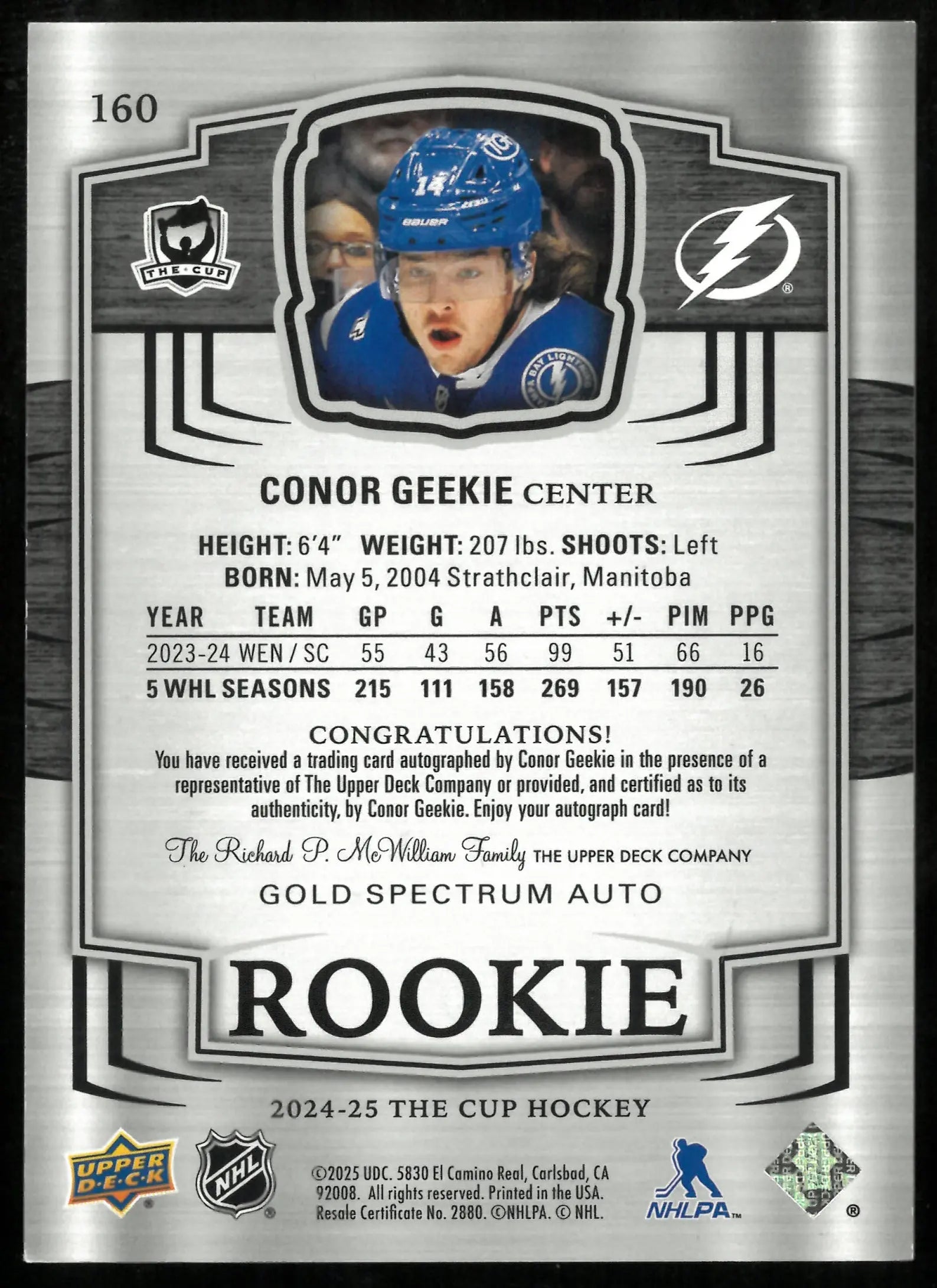 2024-25 The Cup Hockey Gold Spectrum Rookie Auto Conor Geekie /36 