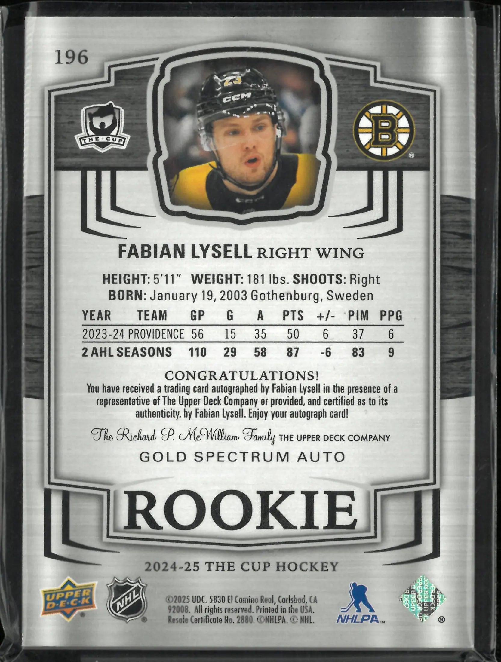 2024-25 The Cup Hockey Gold Spectrum Rookie Auto Fabian Lysell /36 