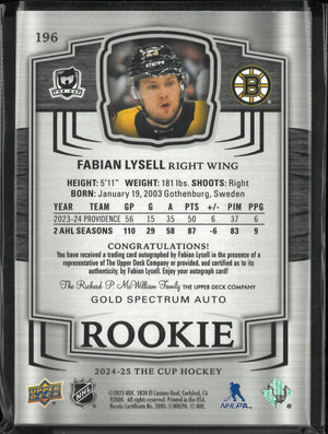 2024-25 The Cup Hockey Gold Spectrum Rookie Auto Fabian Lysell /36 