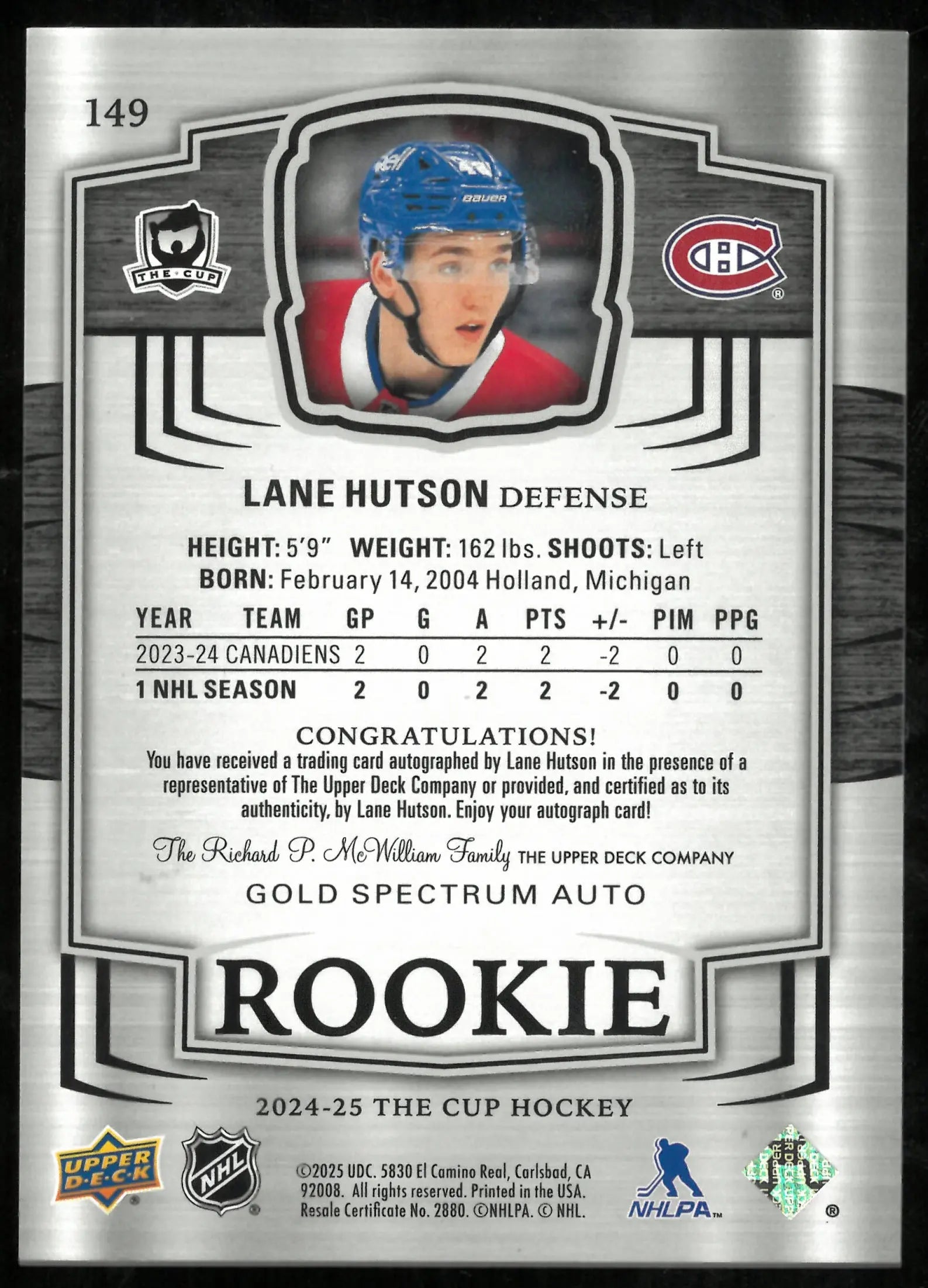2024-25 The Cup Hockey Gold Spectrum Rookie Auto Lane Hutson /36 