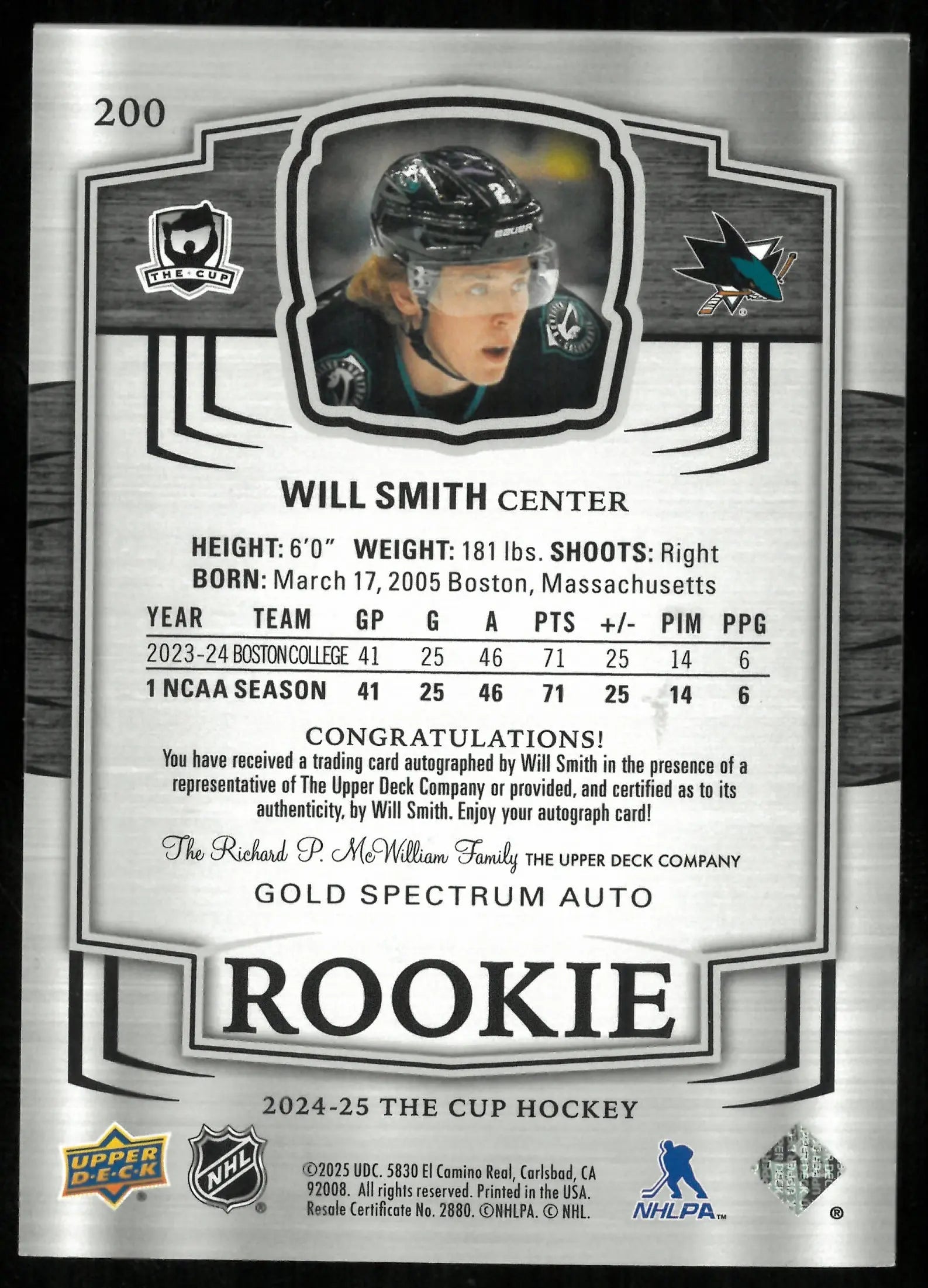 2024-25 The Cup Hockey Gold Spectrum Rookie Auto Will Smith /36 
