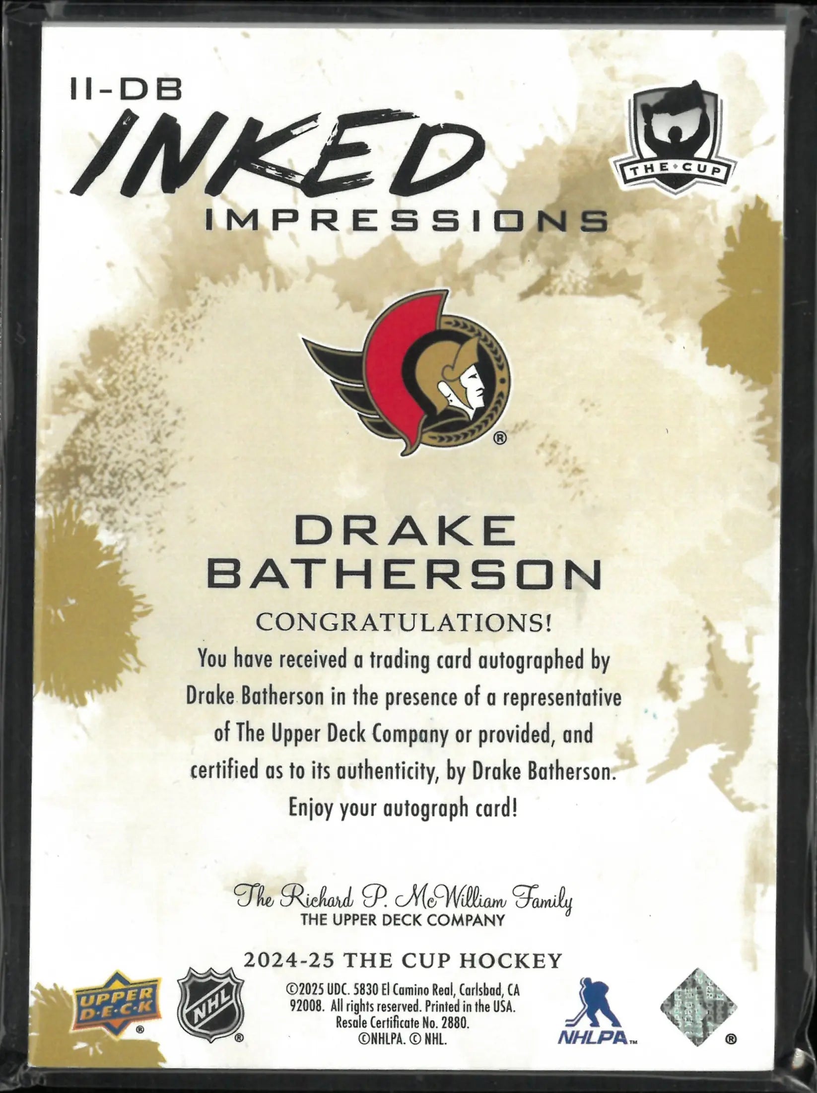 2024-25 The Cup Hockey Inked Impressions Drake Batherson /50 