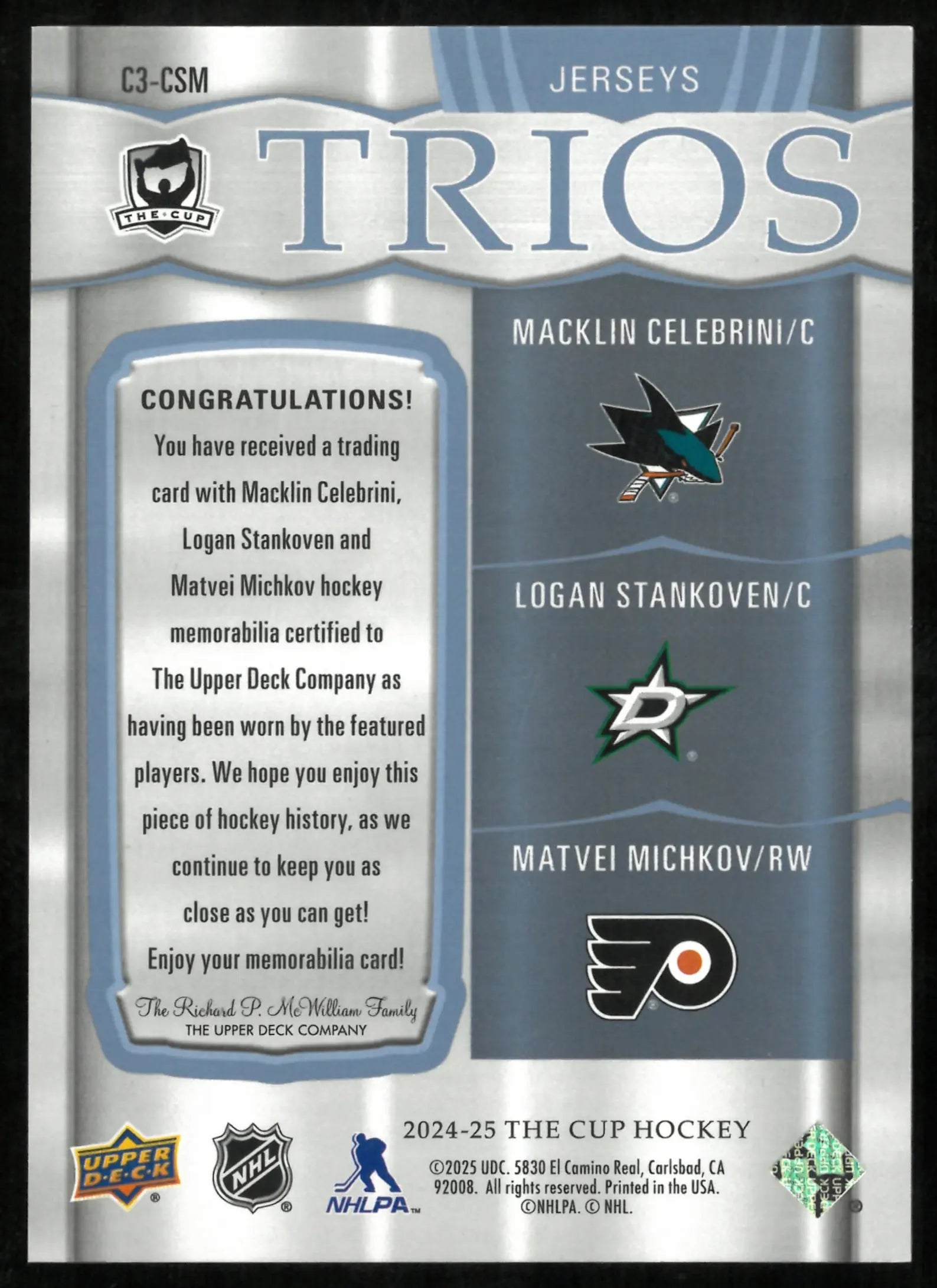 2024-25 The Cup Hockey Jersey Trios Celebrini Stankoven Michkov /49 