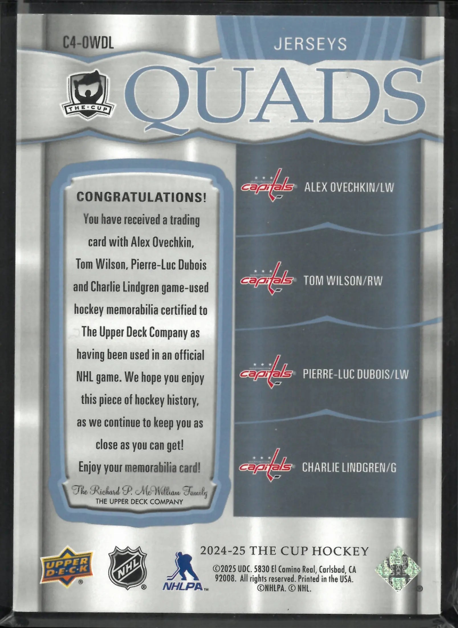 2024-25 The Cup Hockey Jerseys Quads Ovechkin Wilson Dubois Lindgren /25 