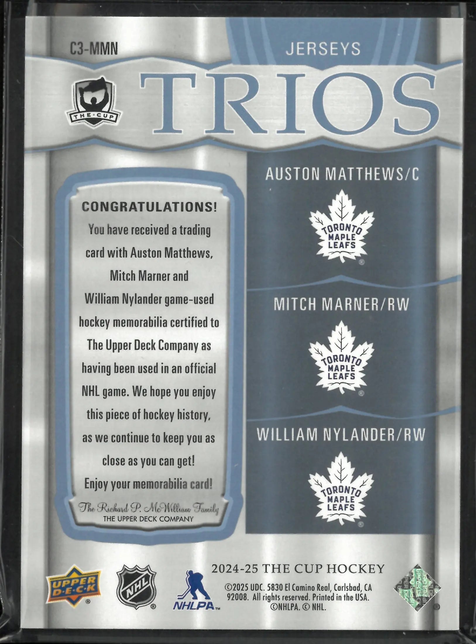 2024-25 The Cup Hockey Jerseys Trios Matthews Marner Nylander /49 