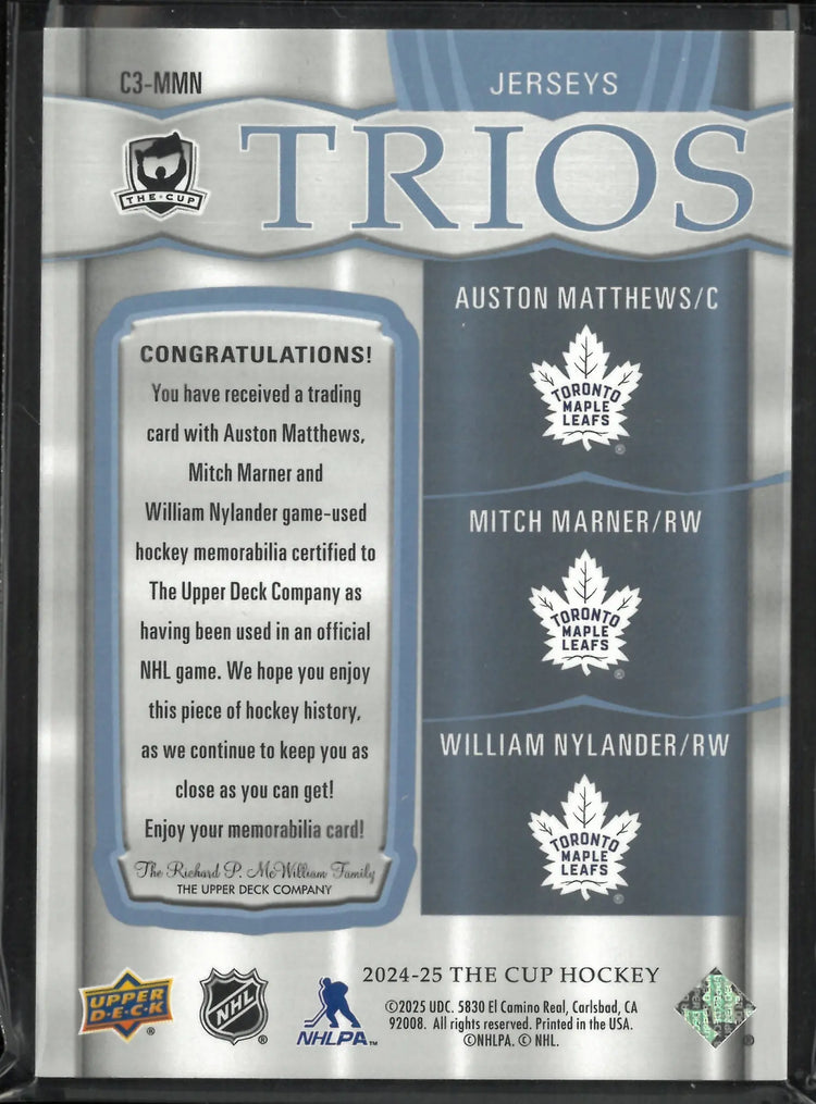2024-25 The Cup Hockey Jerseys Trios Matthews Marner Nylander /49 
