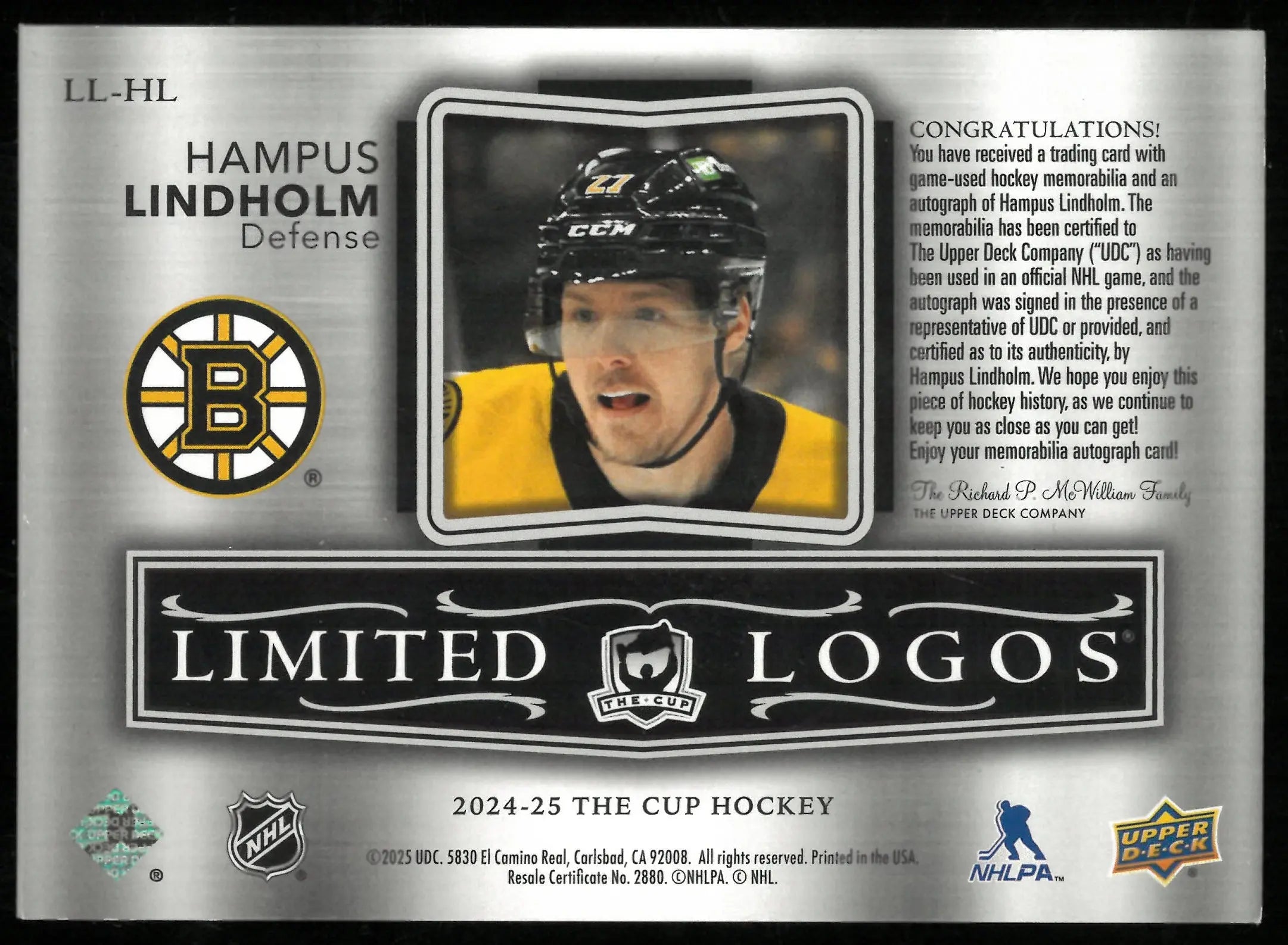 2024-25 The Cup Hockey Limited Logos Hampus Lindholm /50 