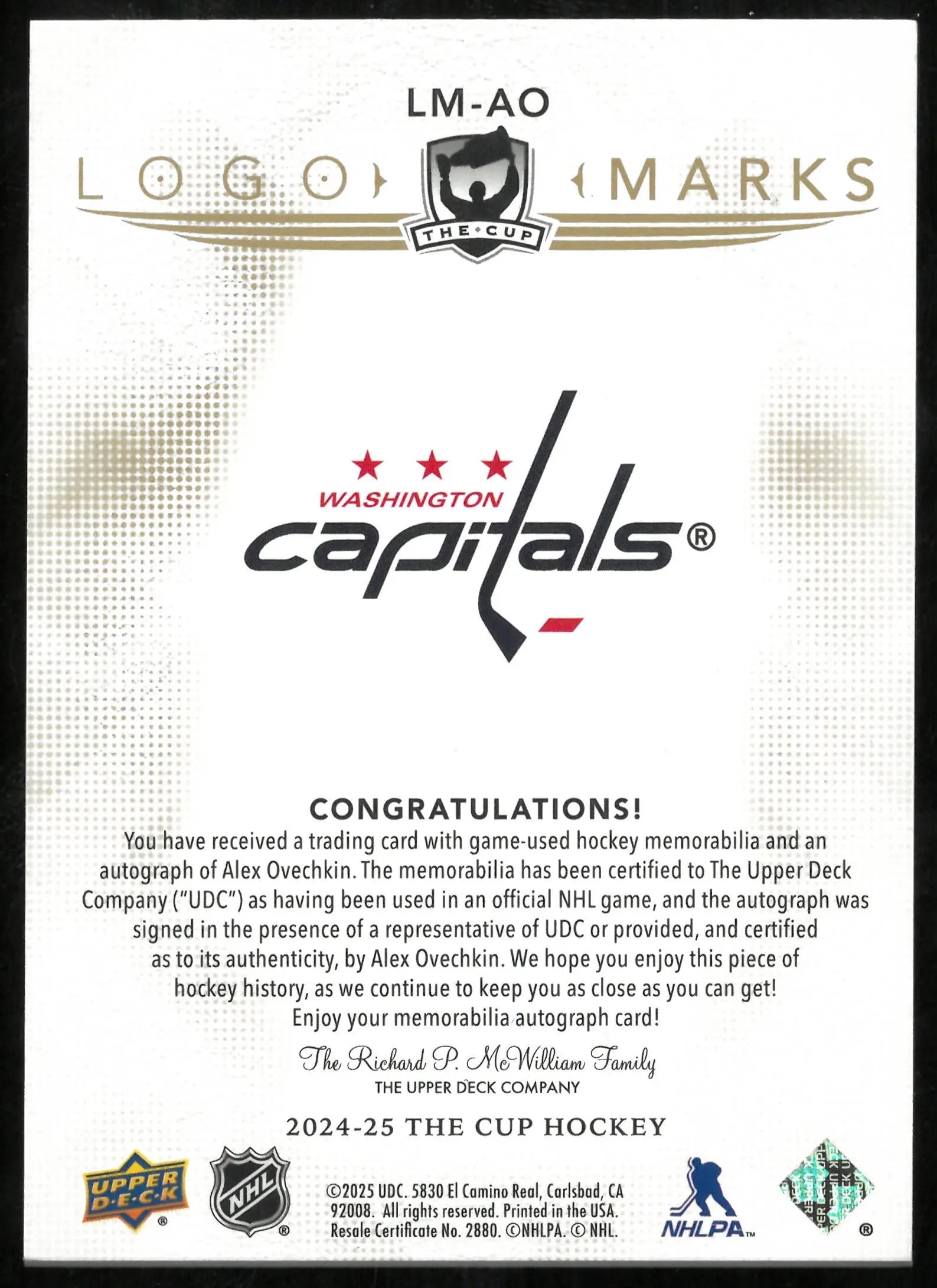 2024-25 The Cup Hockey Logo Marks Patch Auto Alex Ovechkin /10 