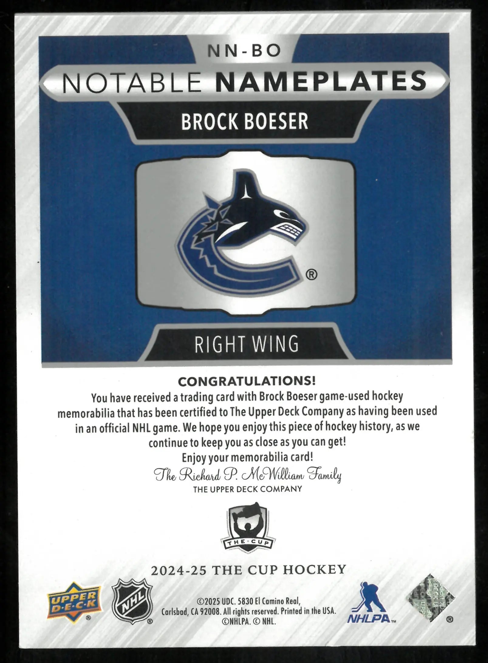 2024-25 The Cup Hockey Notable Nameplates Brock Boeser /6 