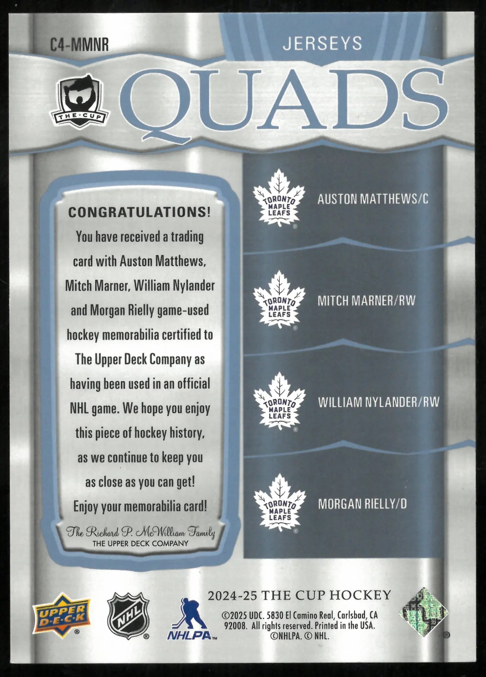 2024-25 The Cup Hockey Quads Jerseys Matthews Marner Nylander Rielly /25 