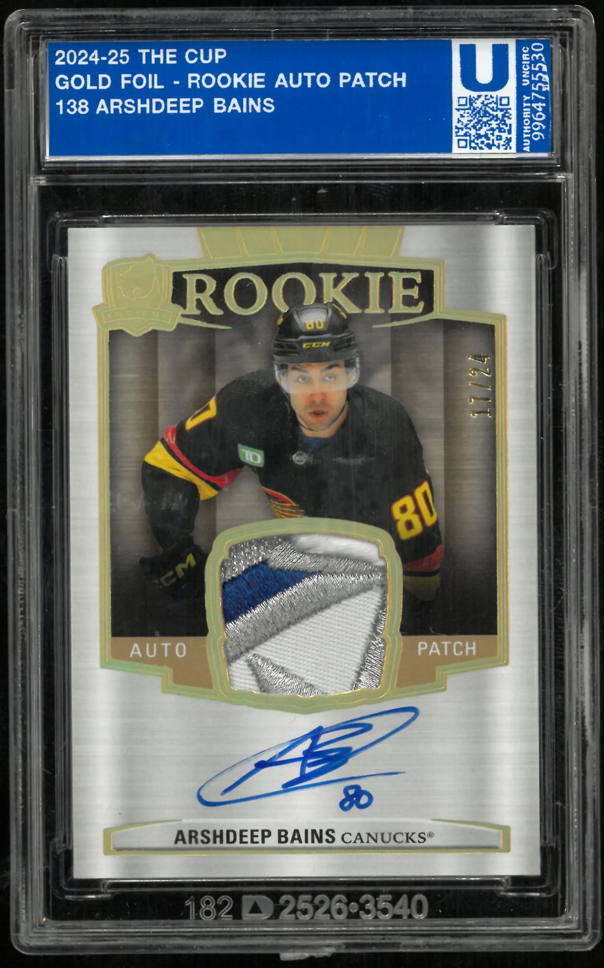 2024-25 The Cup Hockey Rookie Auto Patch Arshdeep Bains /24 