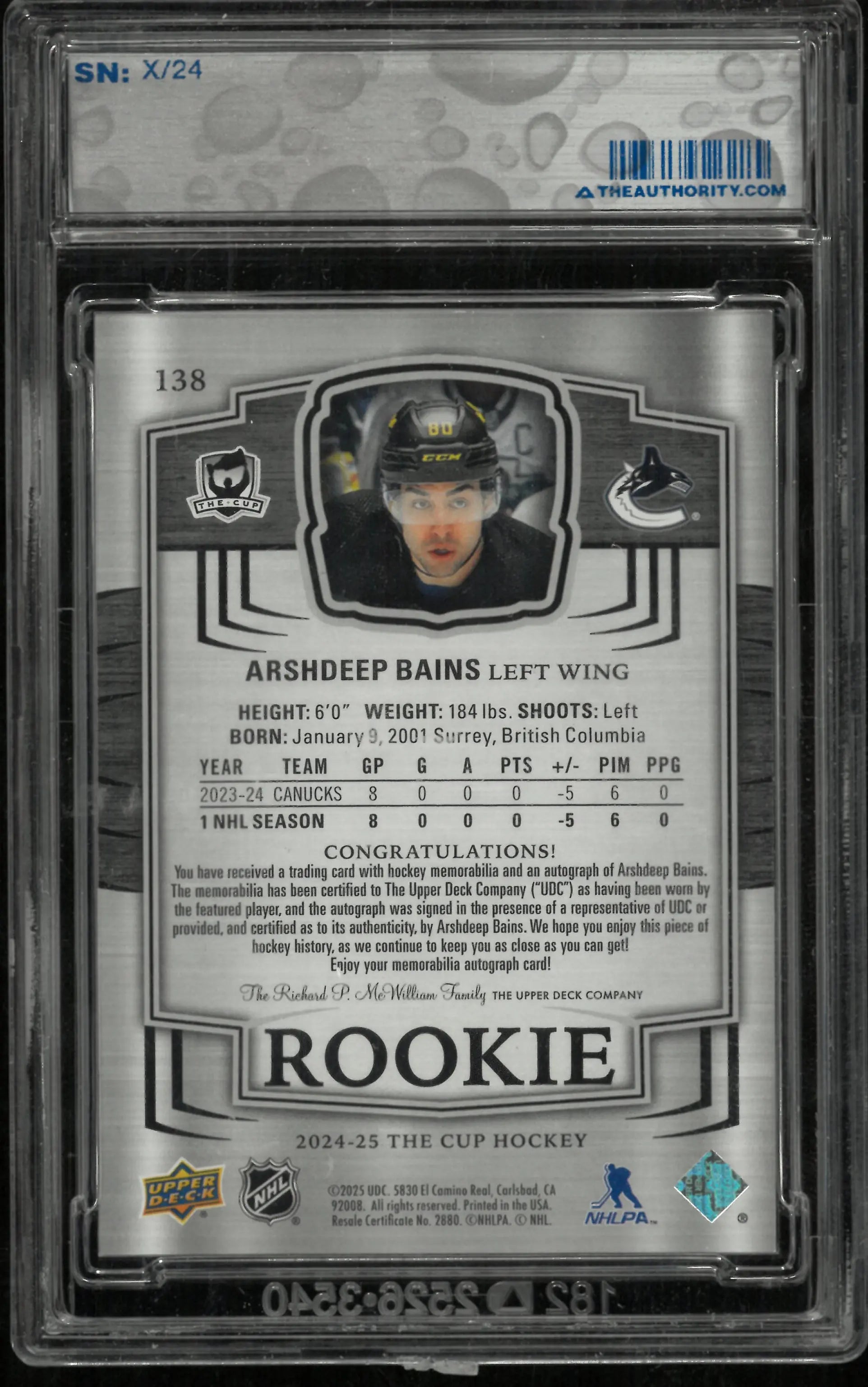 2024-25 The Cup Hockey Rookie Auto Patch Arshdeep Bains /24 