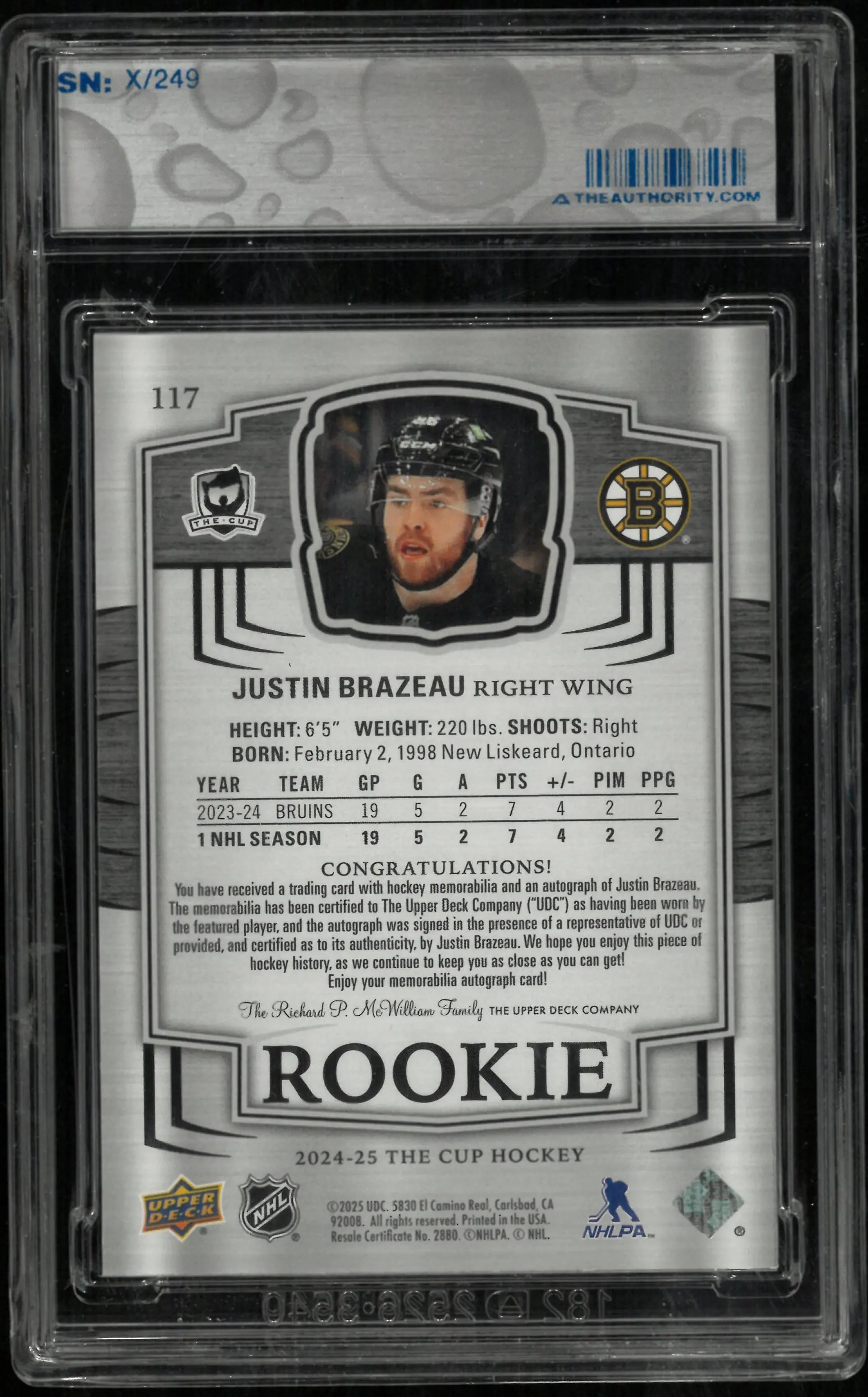 2024-25 The Cup Hockey Rookie Auto Patch Justin Brazeau /249 