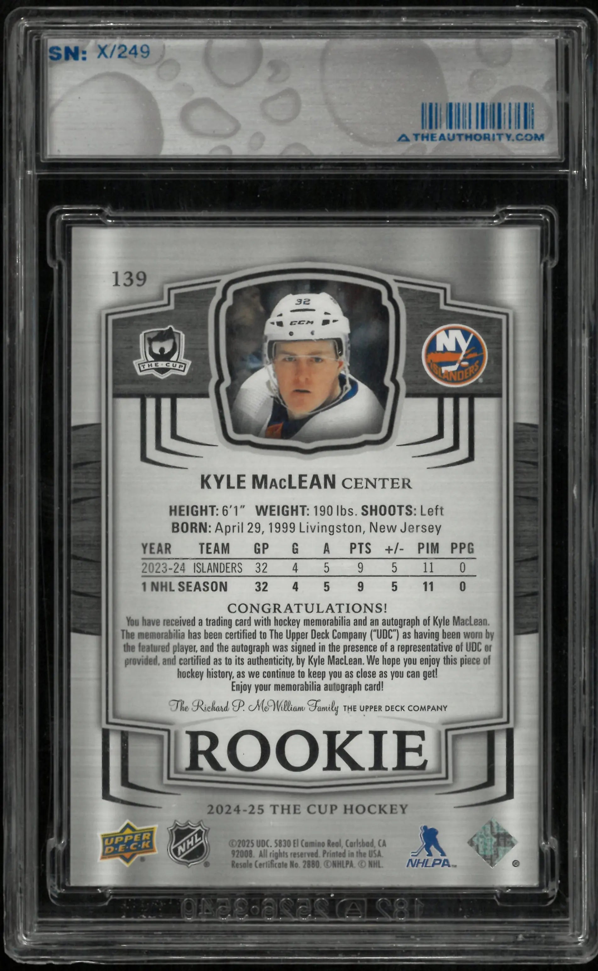 2024-25 The Cup Hockey Rookie Auto Patch Kyle MacLean /249 