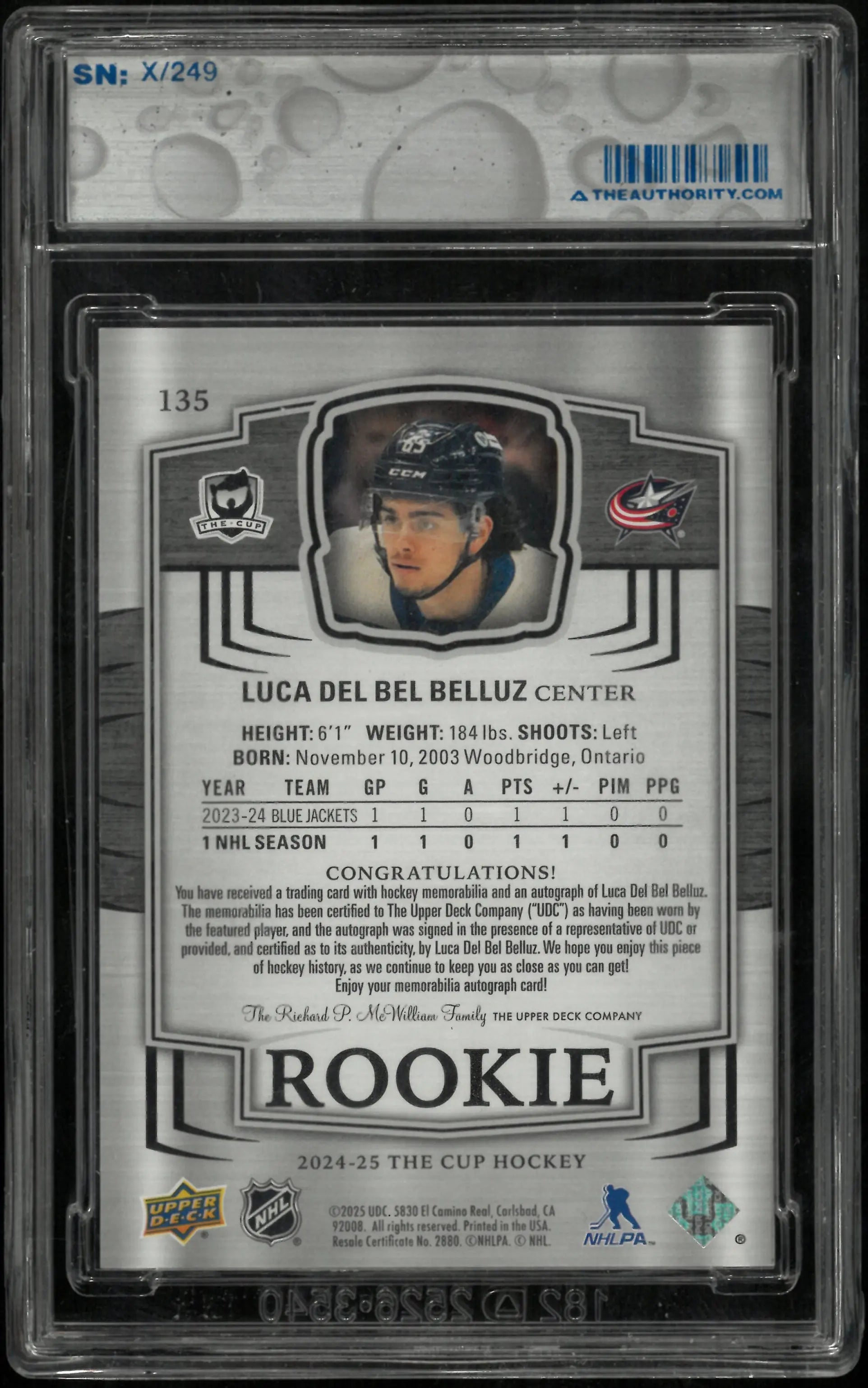 2024-25 The Cup Hockey Rookie Auto Patch Luca Del Bel Belluz /249 