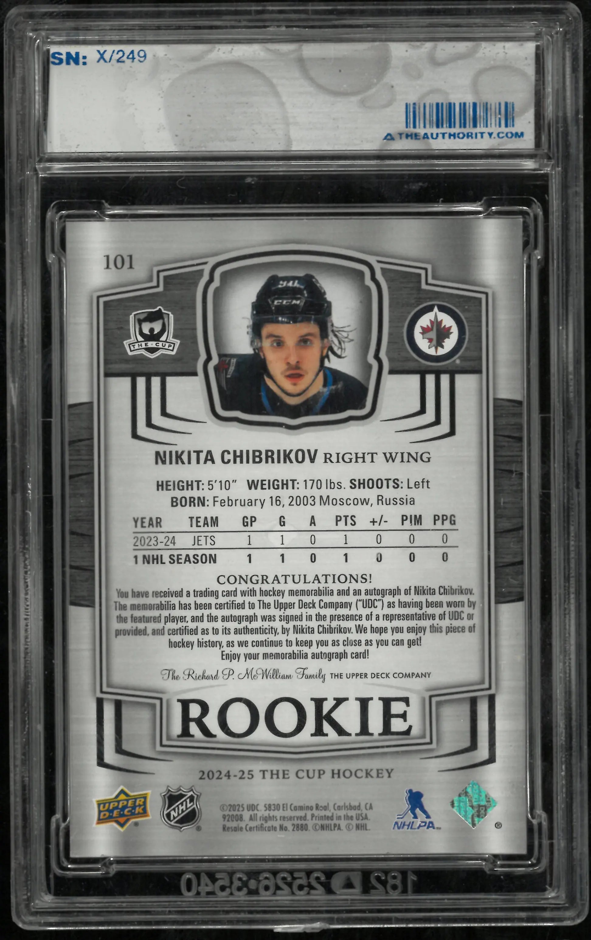 2024-25 The Cup Hockey Rookie Auto Patch Nikita Chibrikov /249 