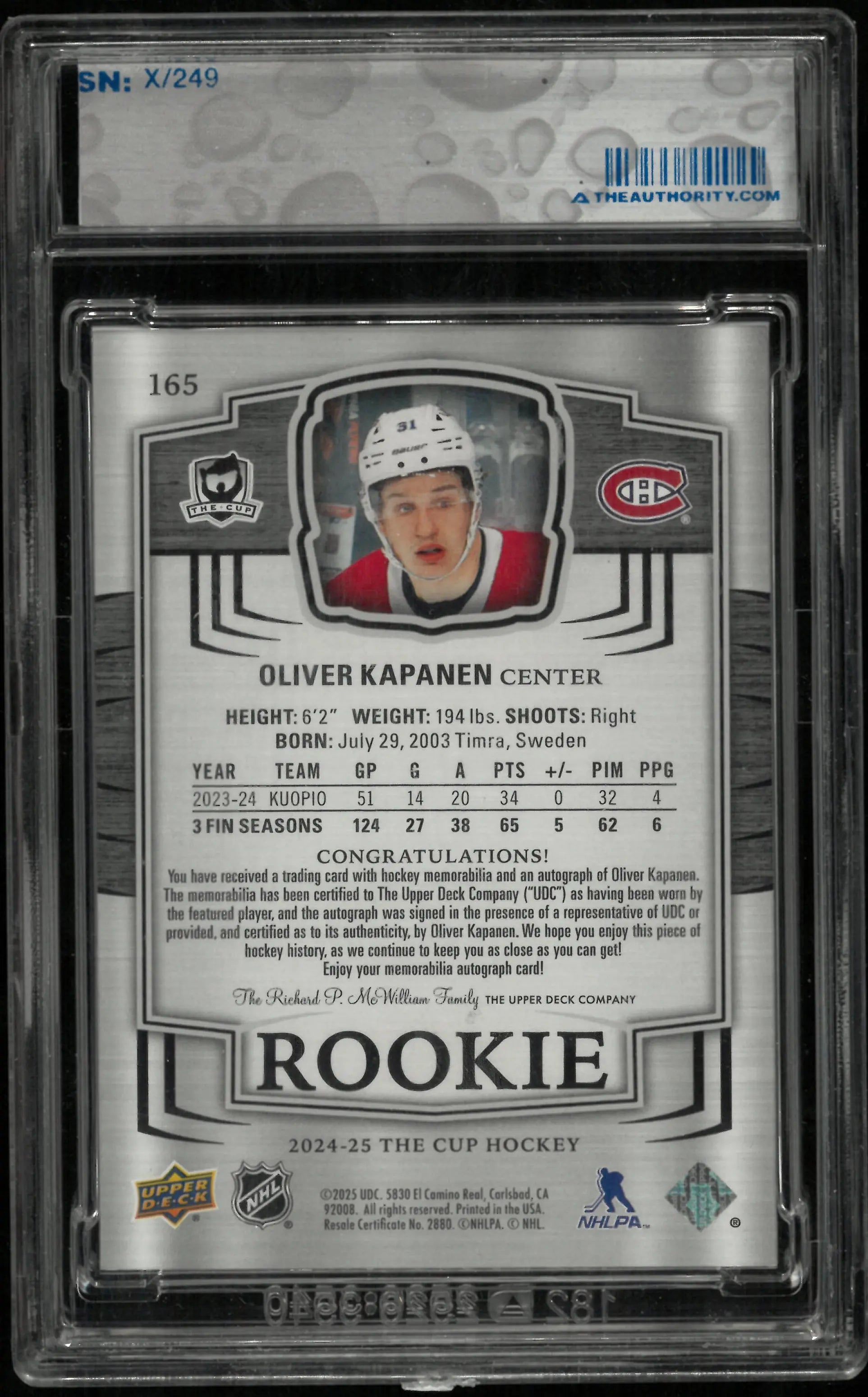 2024-25 The Cup Hockey Rookie Auto Patch Oliver Kapanen /249 