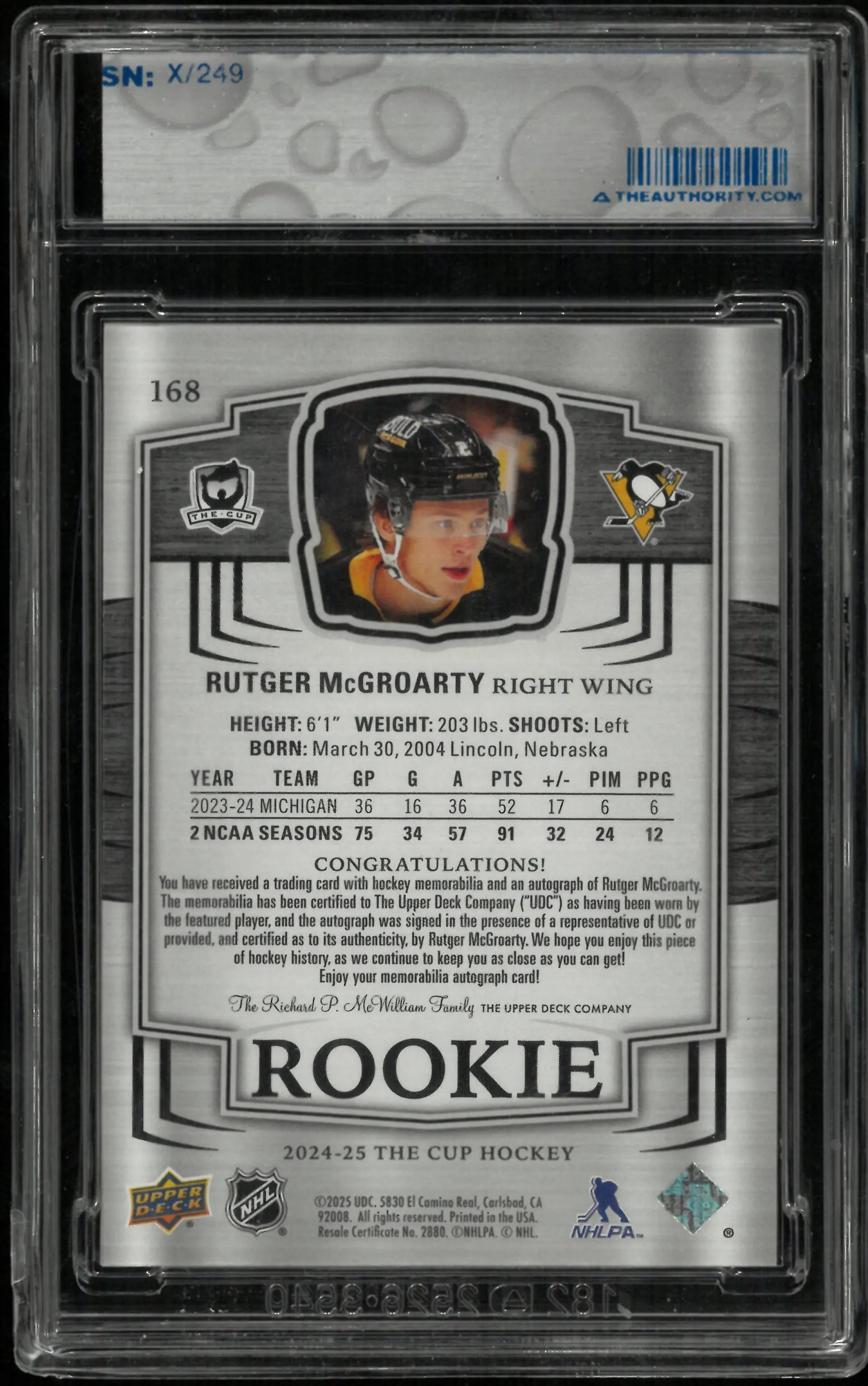 2024-25 The Cup Hockey Rookie Auto Patch Rutger McGroarty /249 