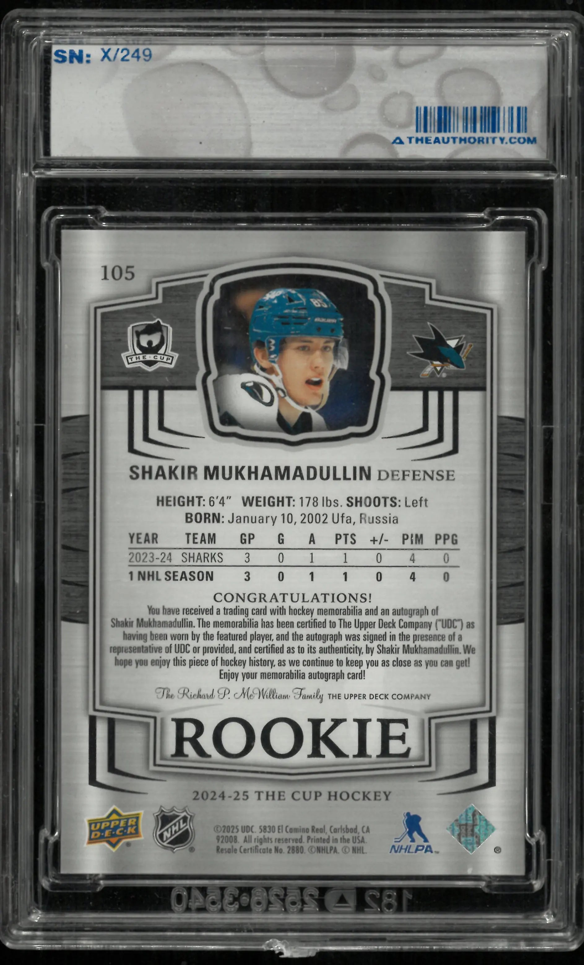 2024-25 The Cup Hockey Rookie Auto Patch Shakir Mukhamadullin /249 