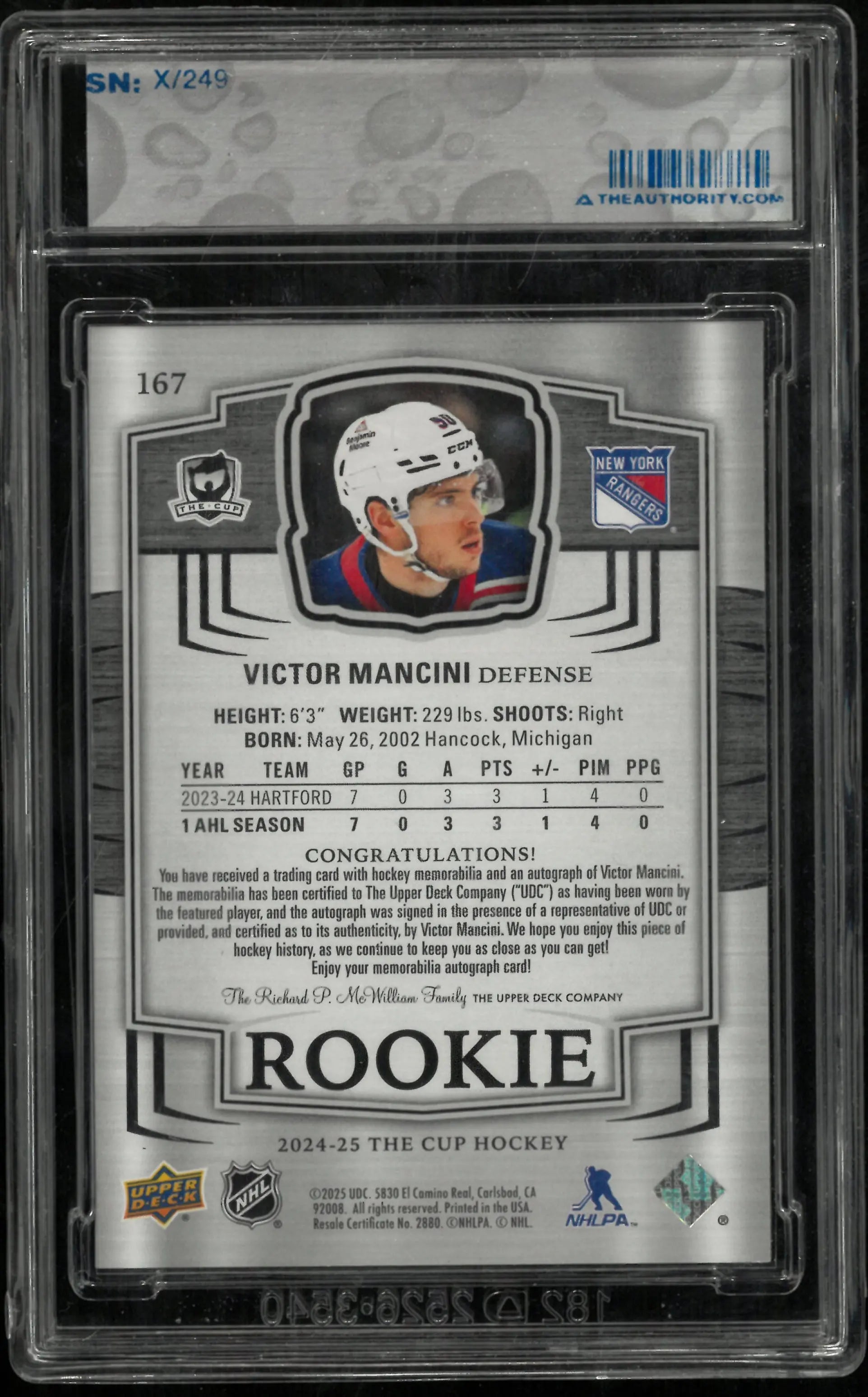 2024-25 The Cup Hockey Rookie Auto Patch Victor Mancini /249 