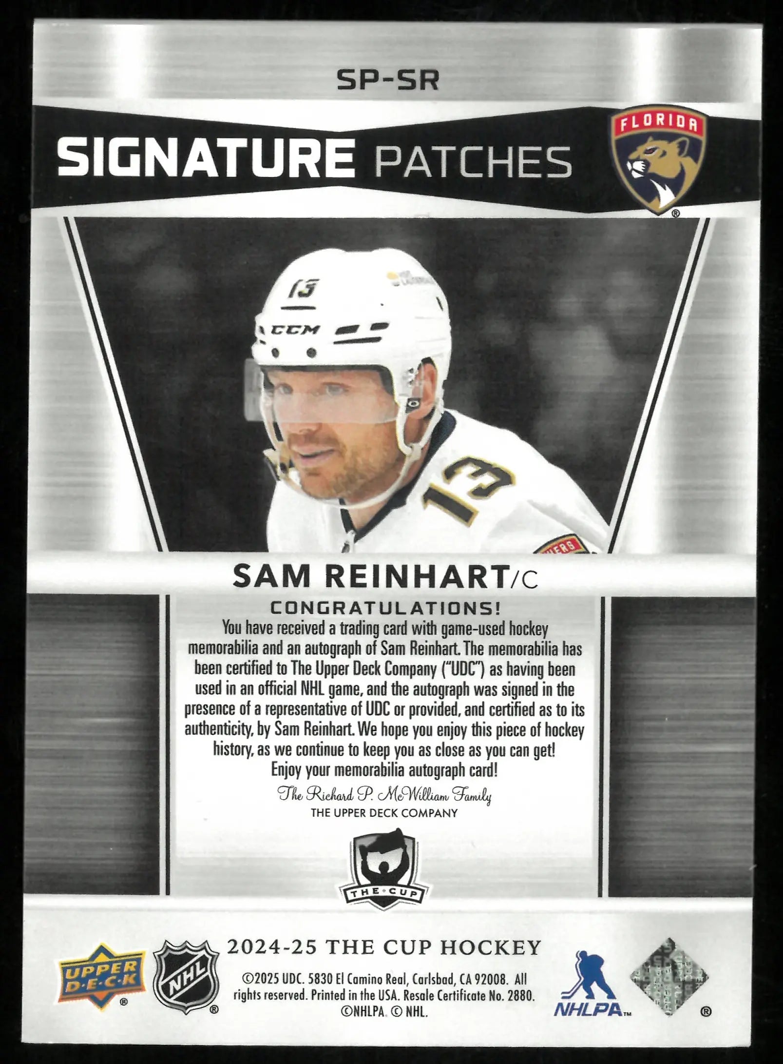 2024-25 The Cup Hockey Signature Patches Sam Reinhart /99 